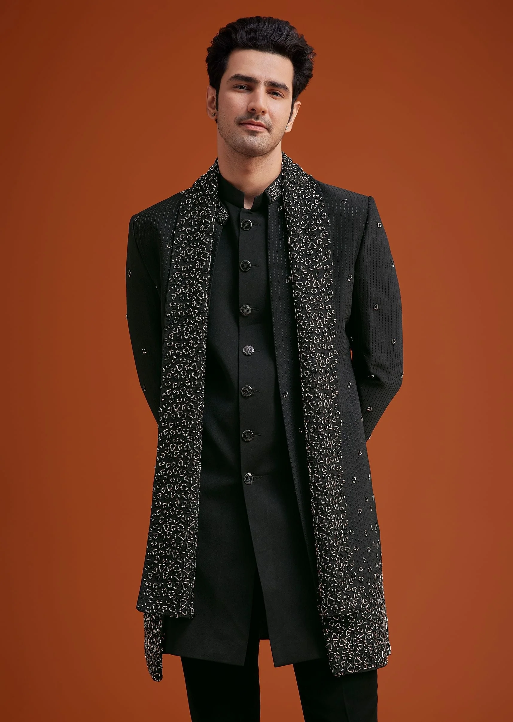 Navy Blue Open Indo Jacket Set With Sequin Butti And Embellished Stole - Image 2