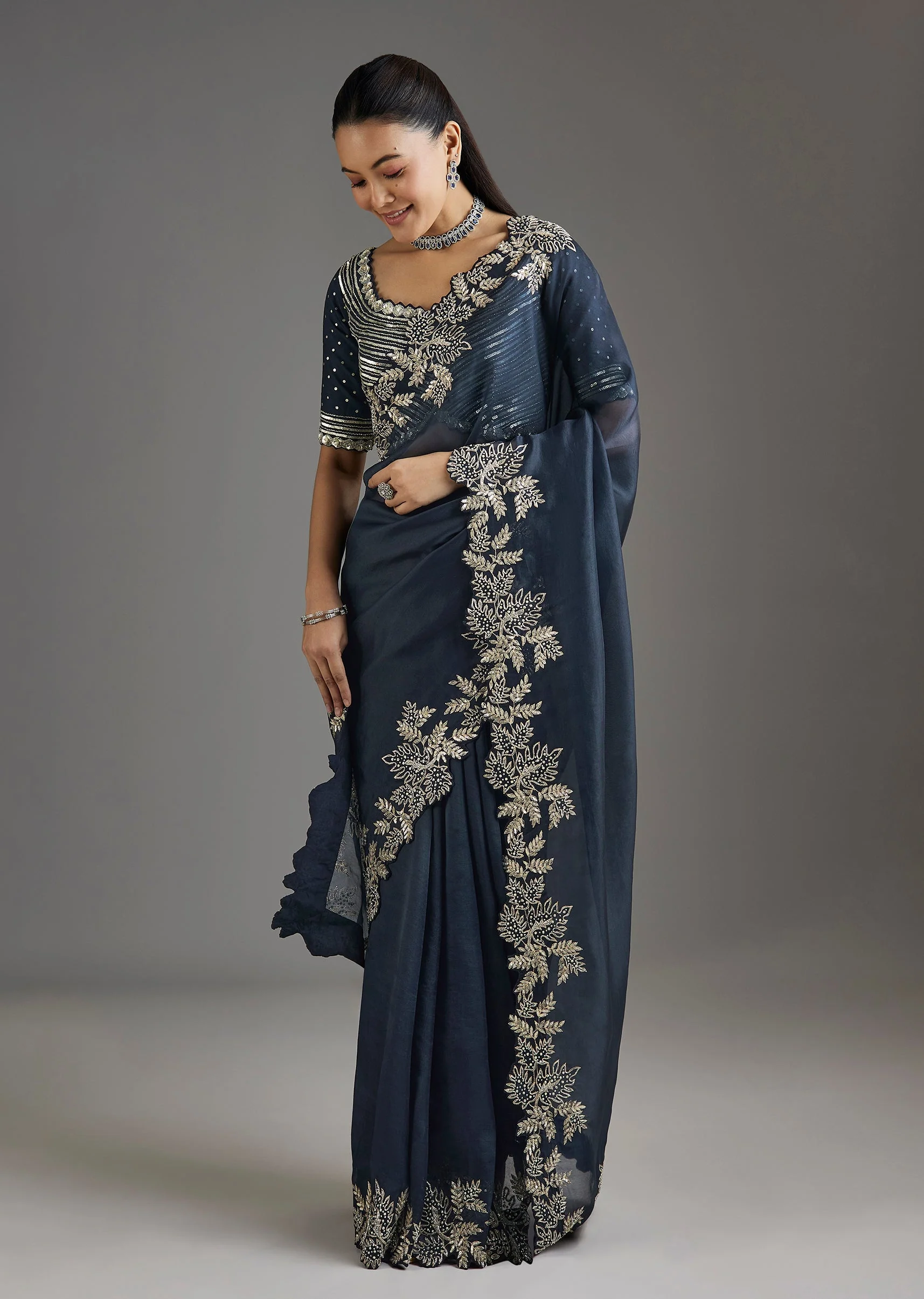 Navy Blue Organza Saree With Embellished Blouse - Image 3