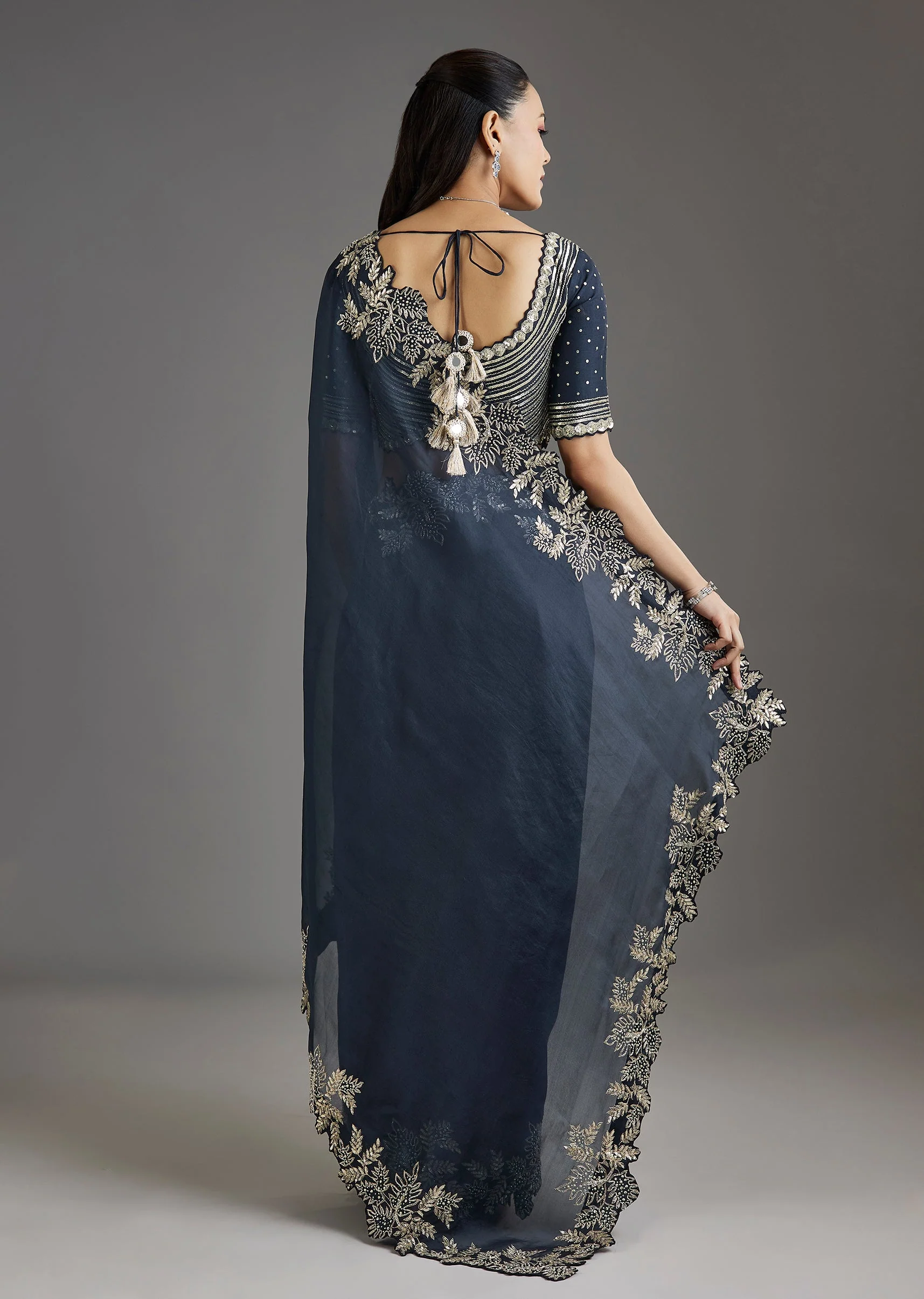 Navy Blue Organza Saree With Embellished Blouse - Image 4