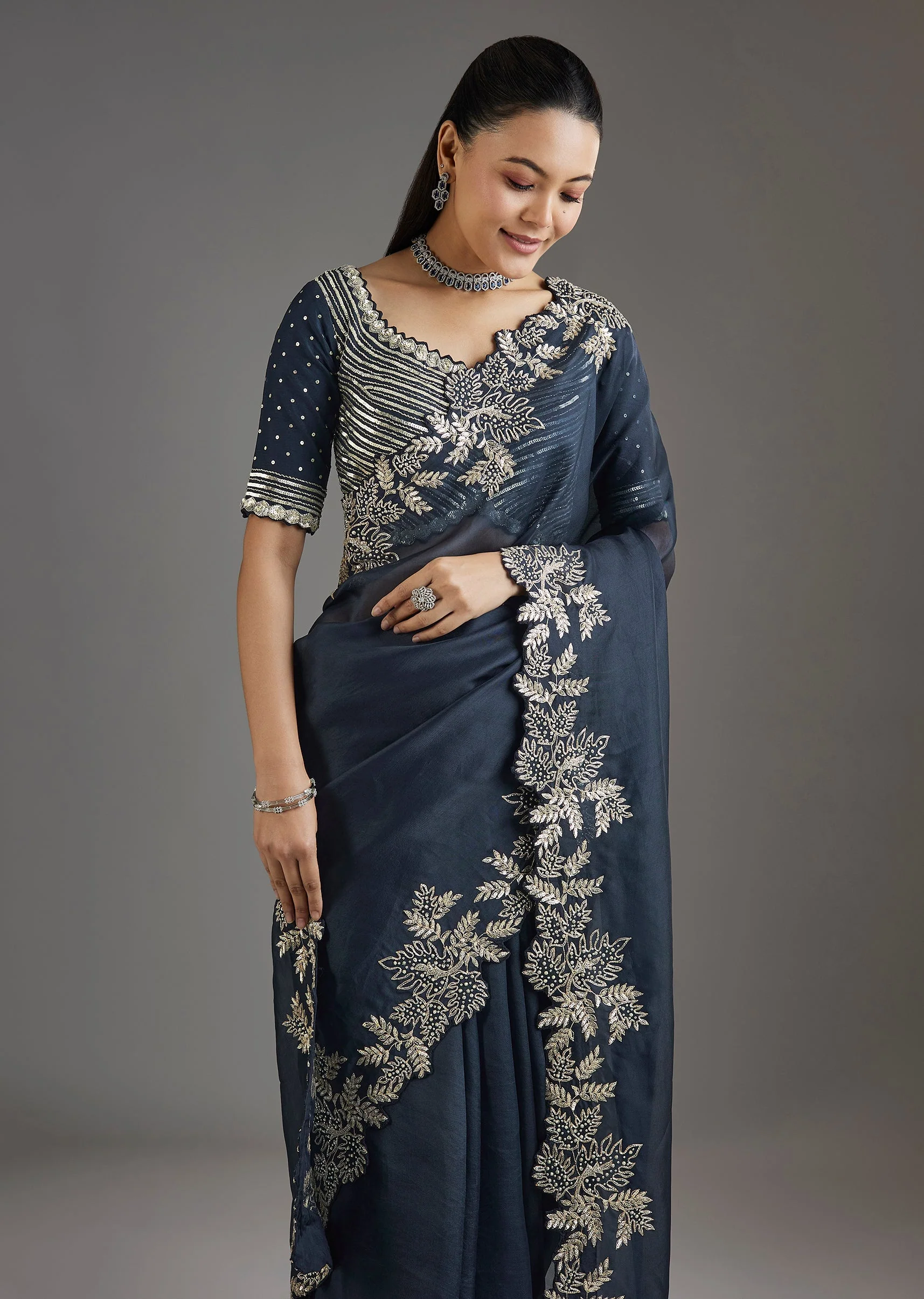 Navy Blue Organza Saree With Embellished Blouse - Image 5