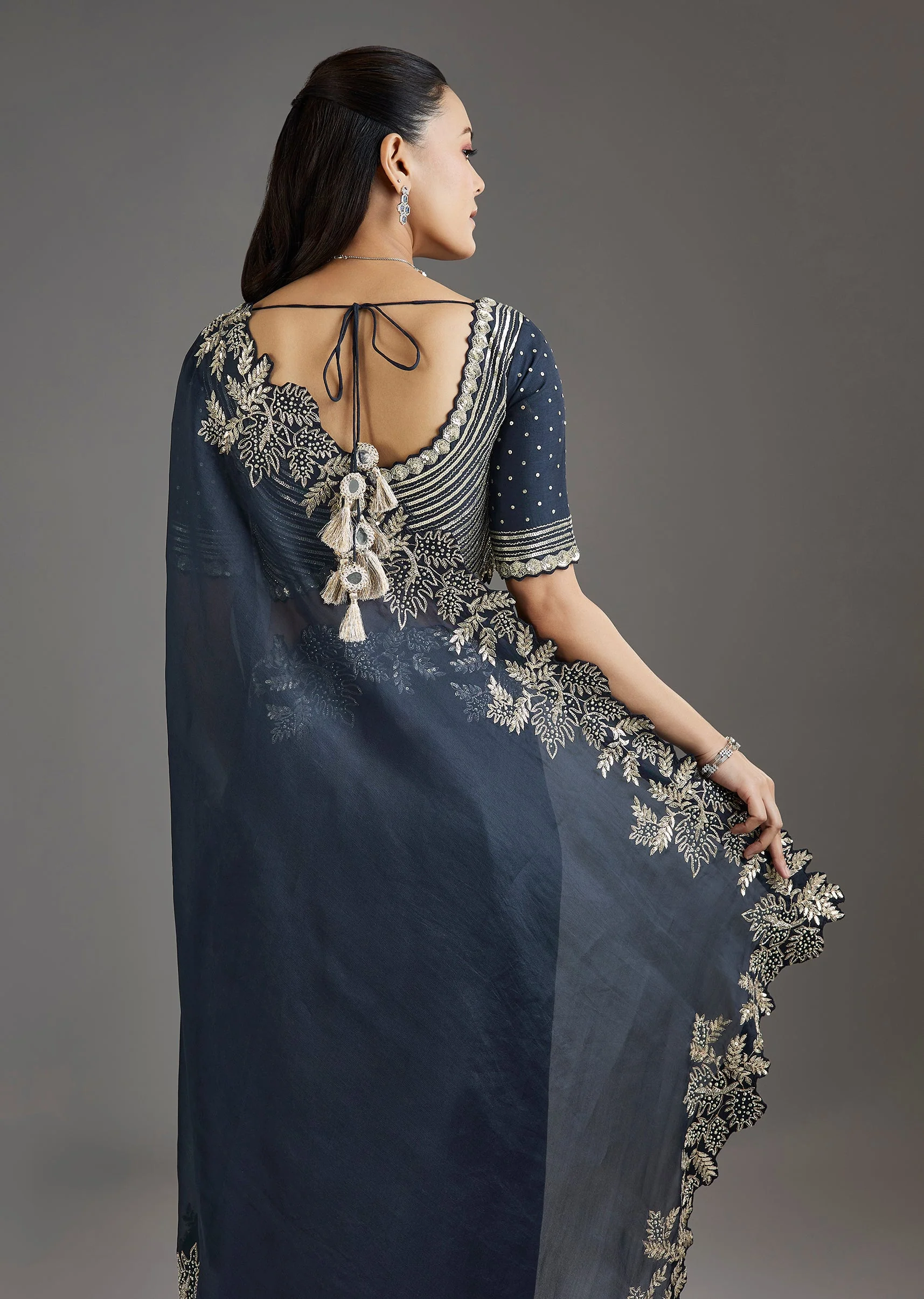 Navy Blue Organza Saree With Embellished Blouse - Image 6