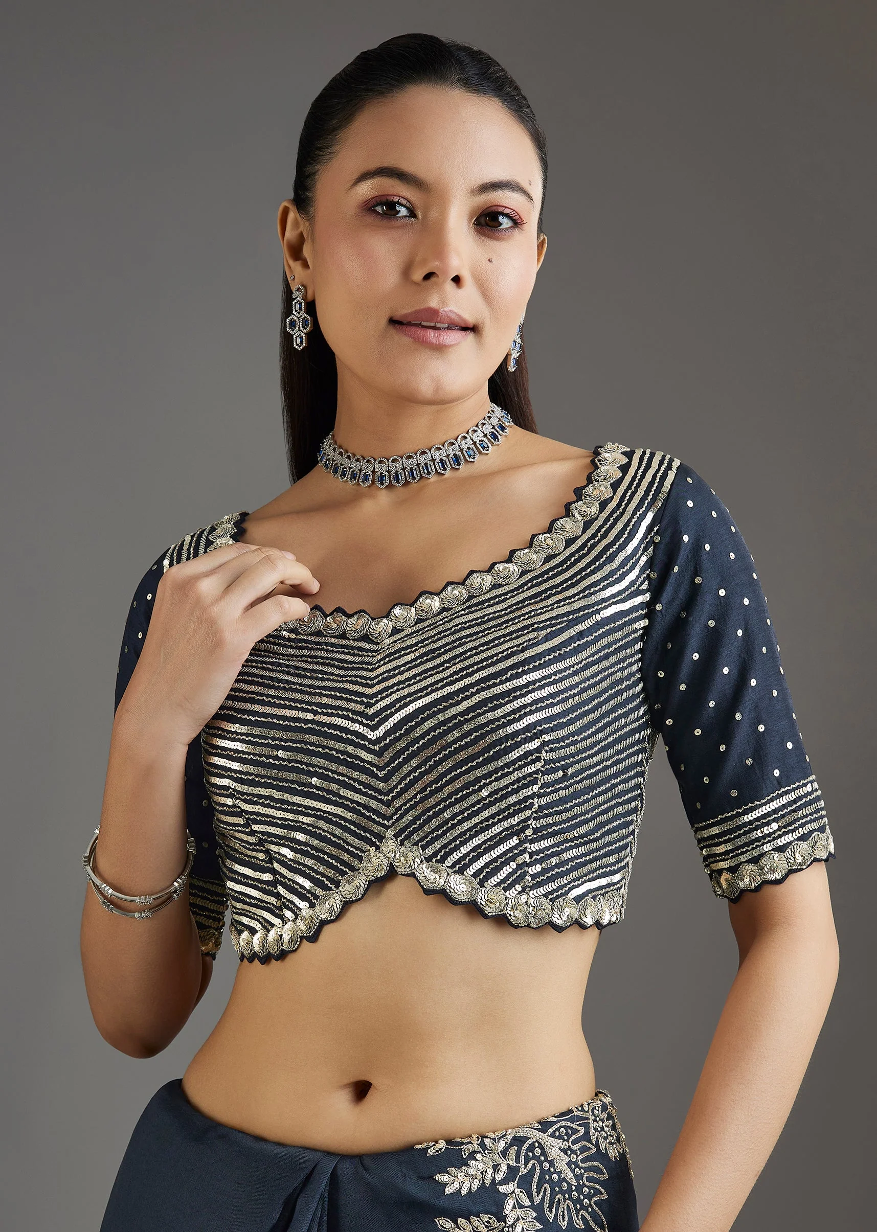 Navy Blue Organza Saree With Embellished Blouse - Image 7
