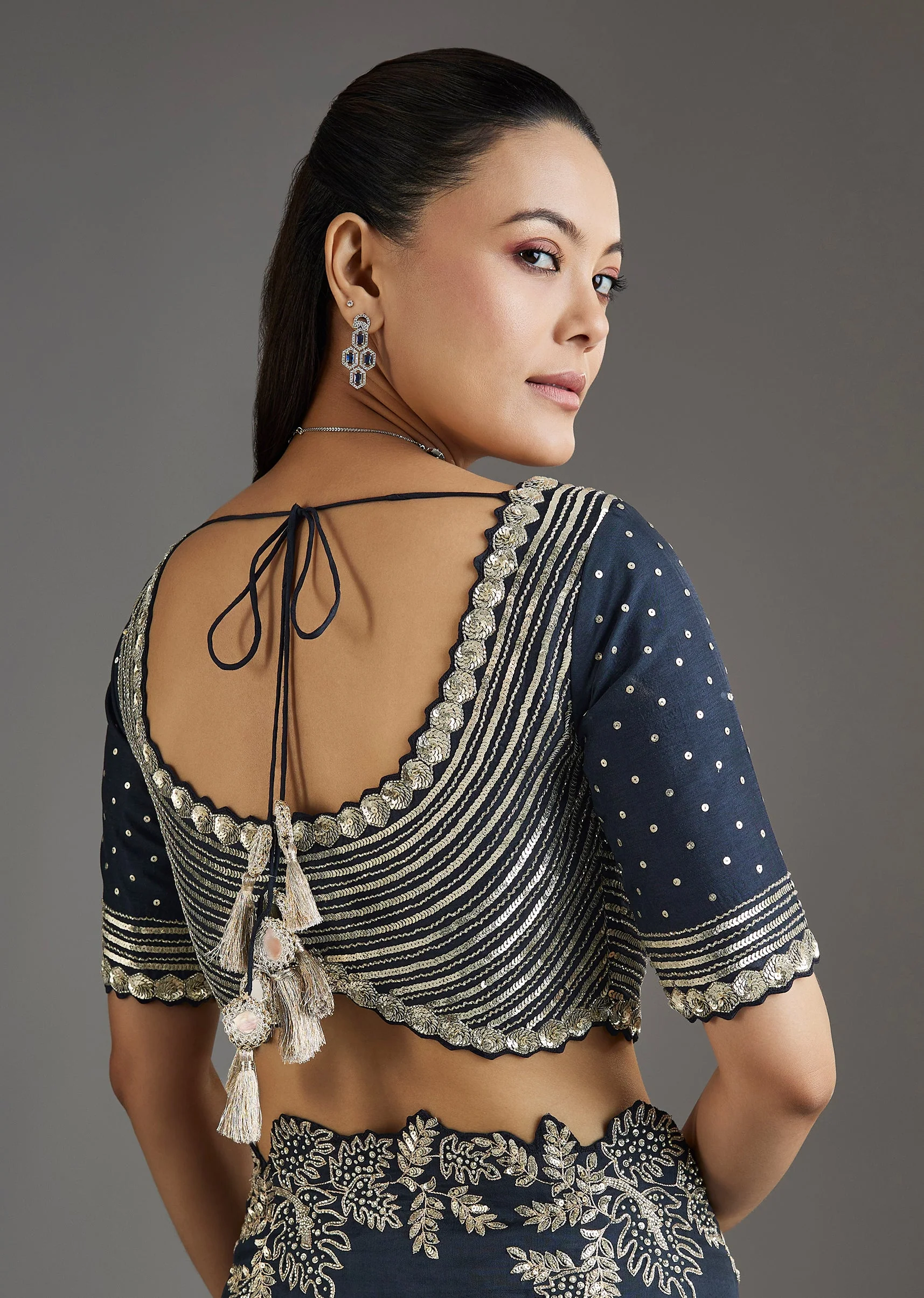 Navy Blue Organza Saree With Embellished Blouse - Image 8