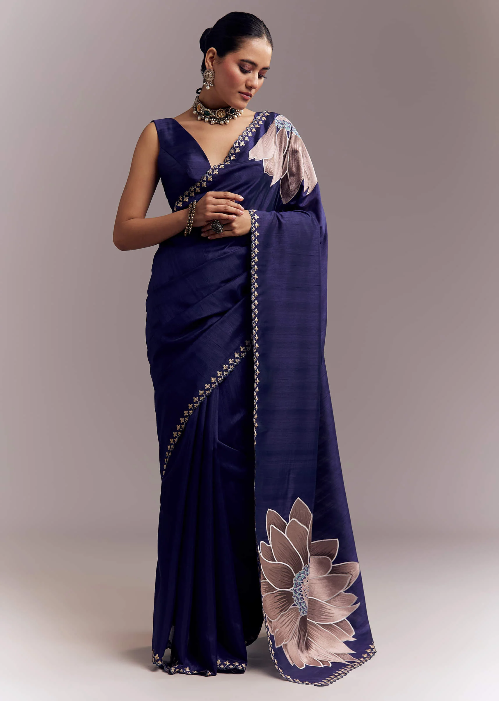 Navy Blue Organza Silk Saree With Floral Embroidery And Cutwork - Image 3