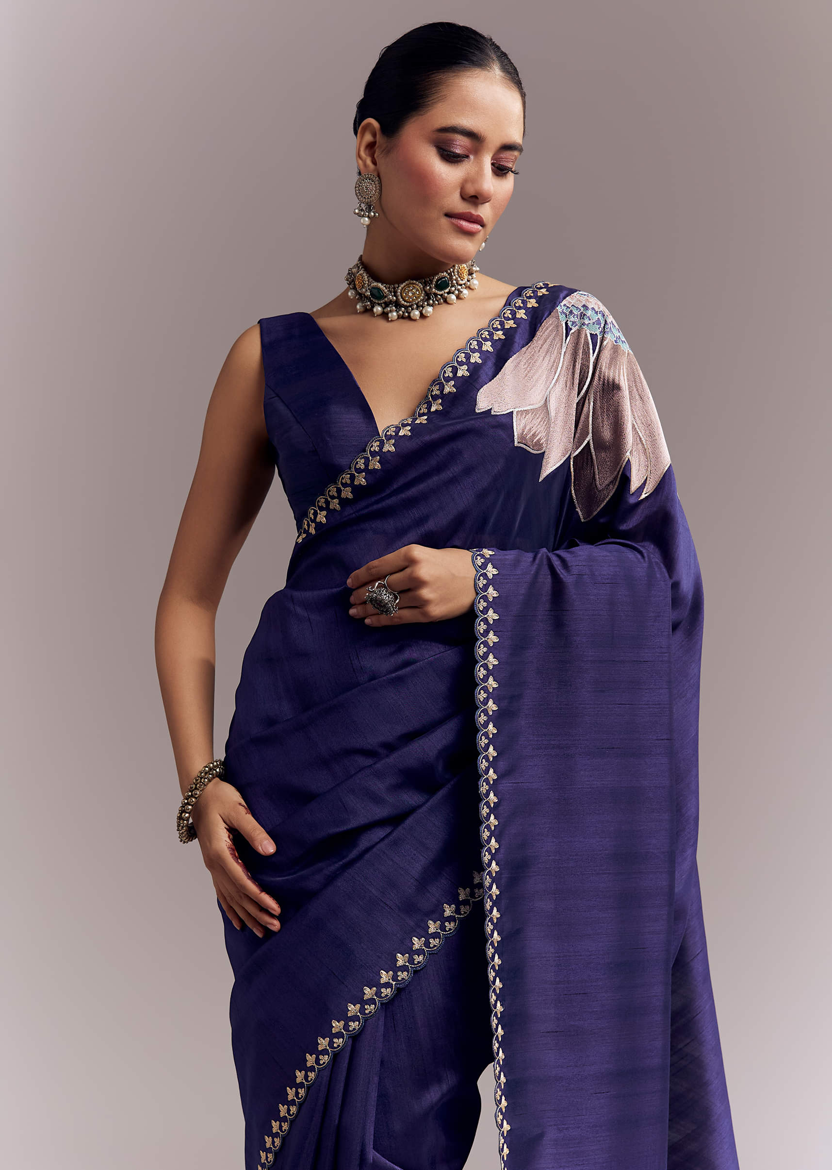 Navy Blue Organza Silk Saree With Floral Embroidery And Cutwork - Image 5