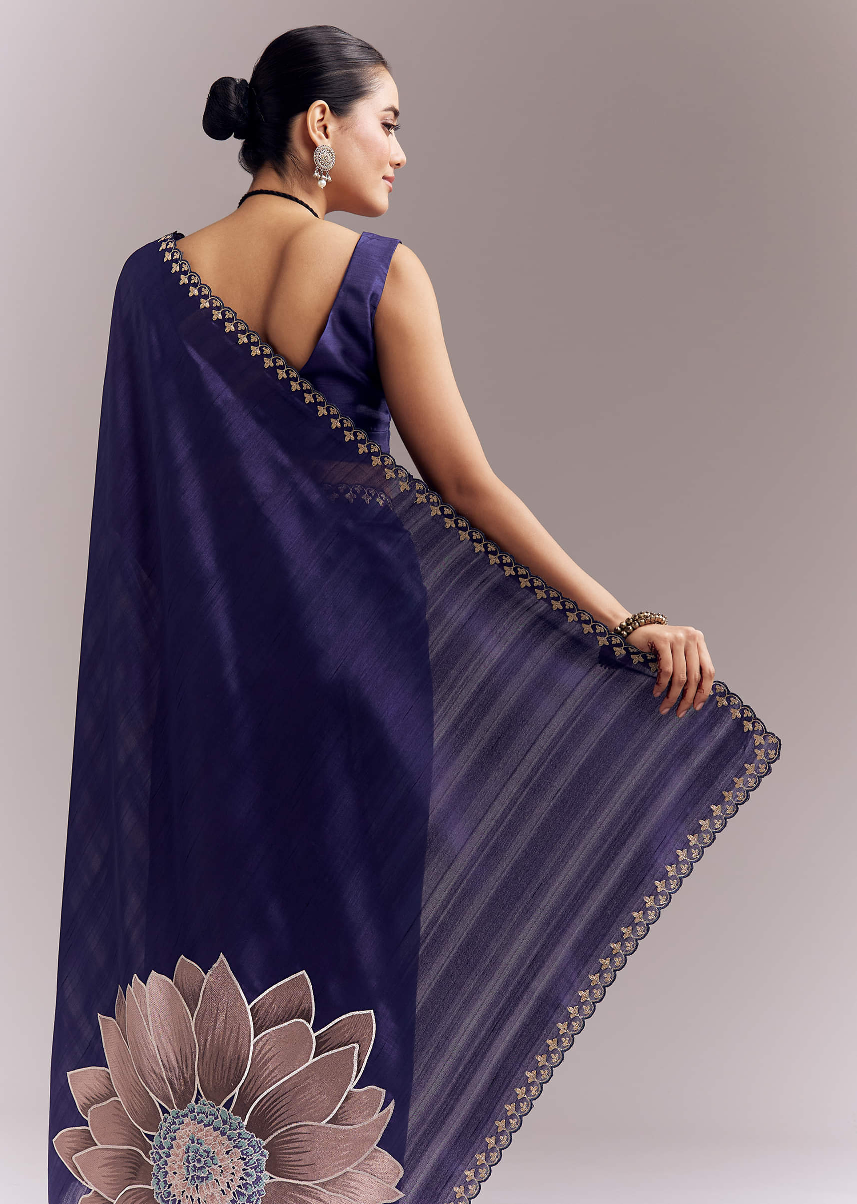 Navy Blue Organza Silk Saree With Floral Embroidery And Cutwork - Image 6