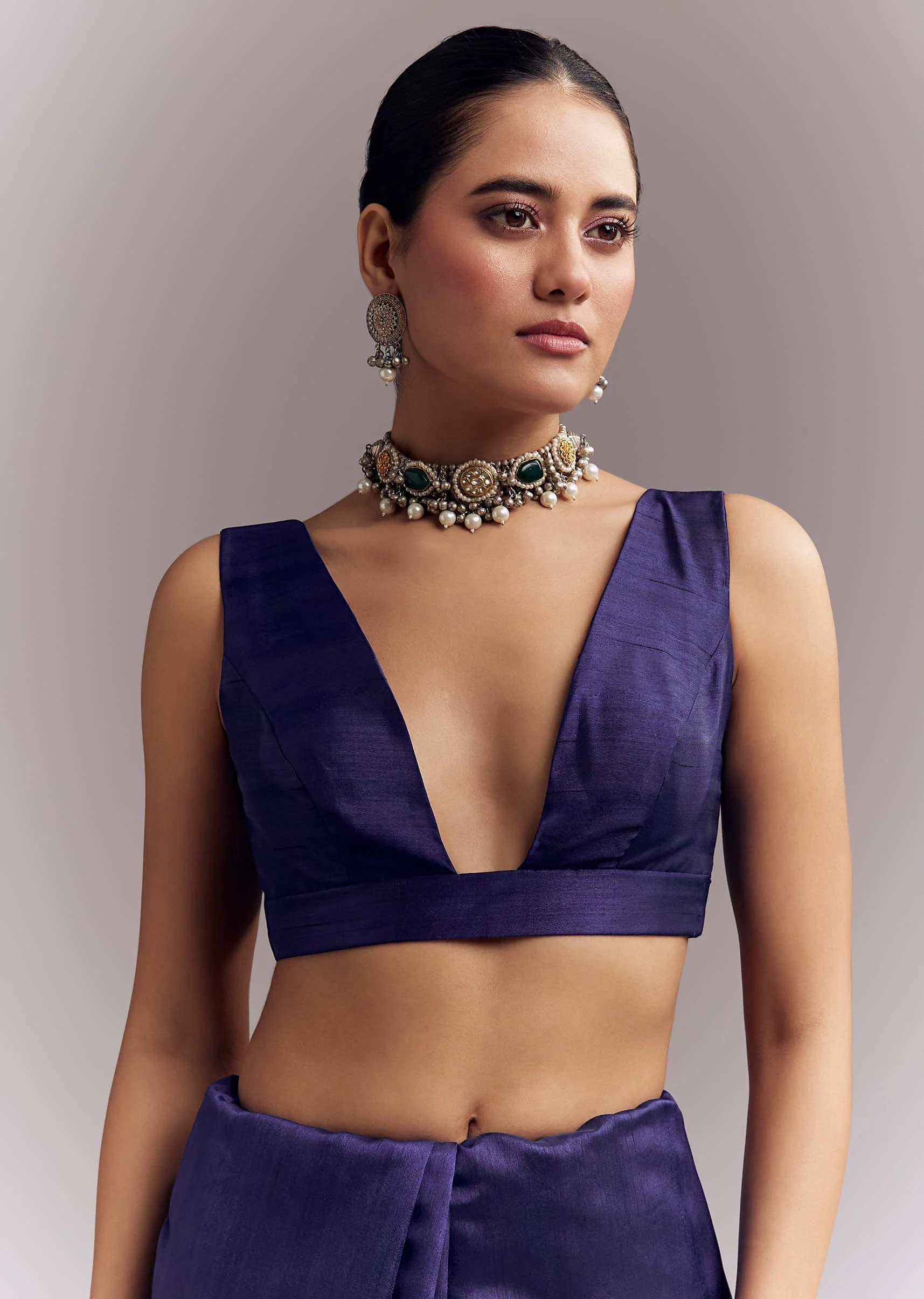 Navy Blue Organza Silk Saree With Floral Embroidery And Cutwork - Image 8