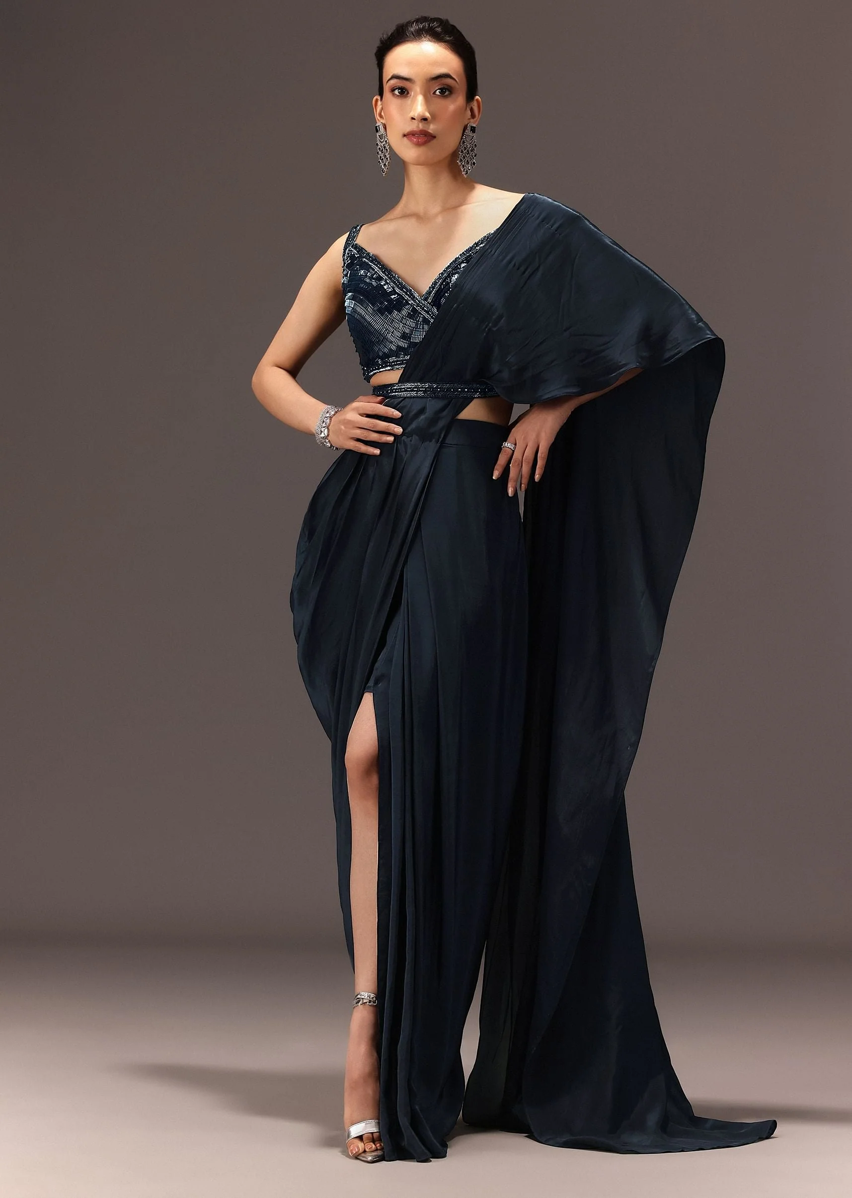 Navy Blue Pre Draped Saree With Sequin Blouse And Belt - Image 3