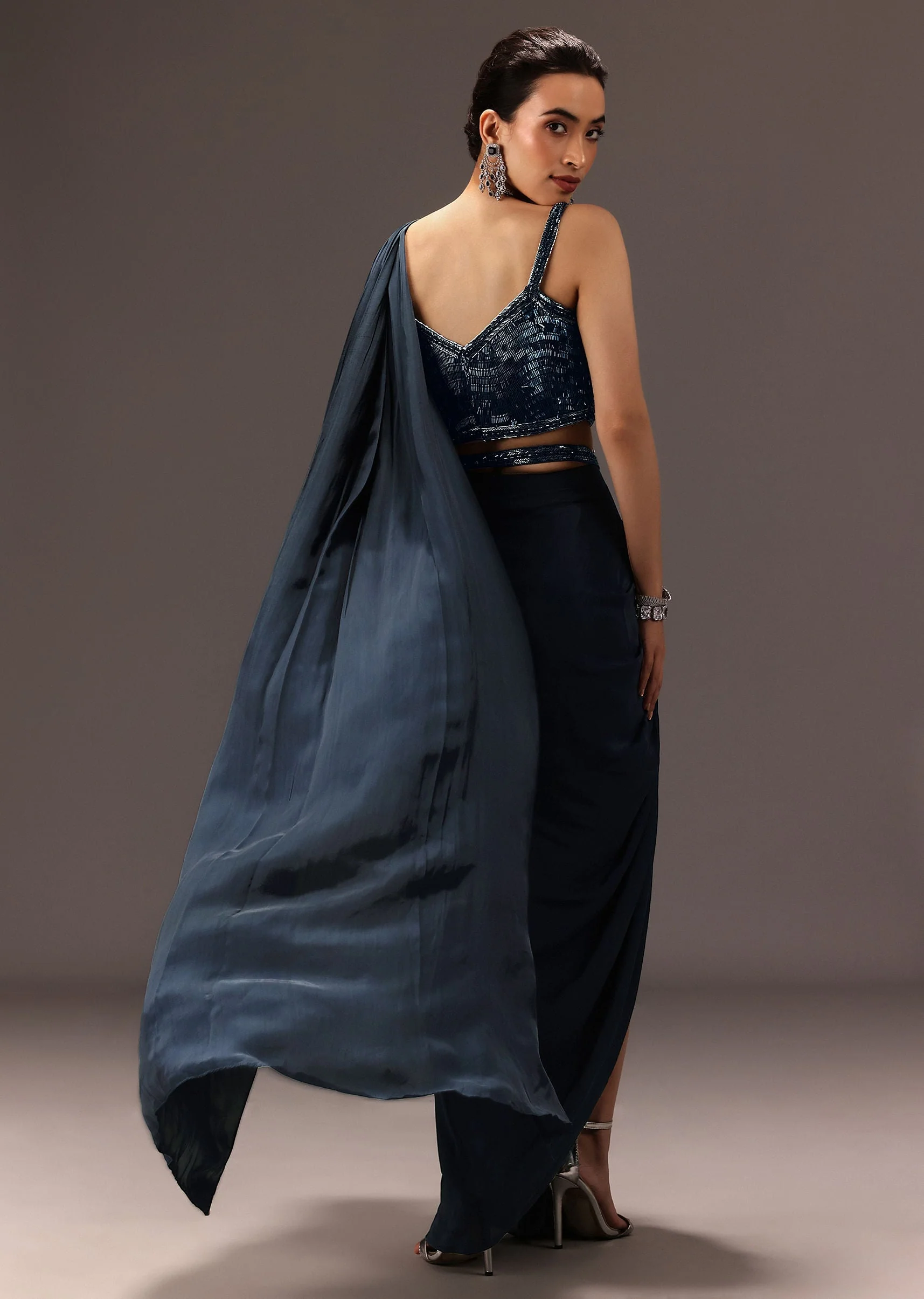 Navy Blue Pre Draped Saree With Sequin Blouse And Belt - Image 5