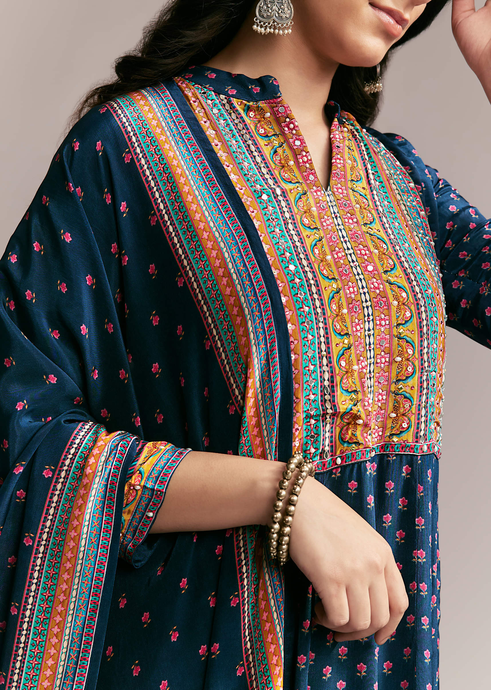 Navy Blue Printed Anarkali Set - Image 2