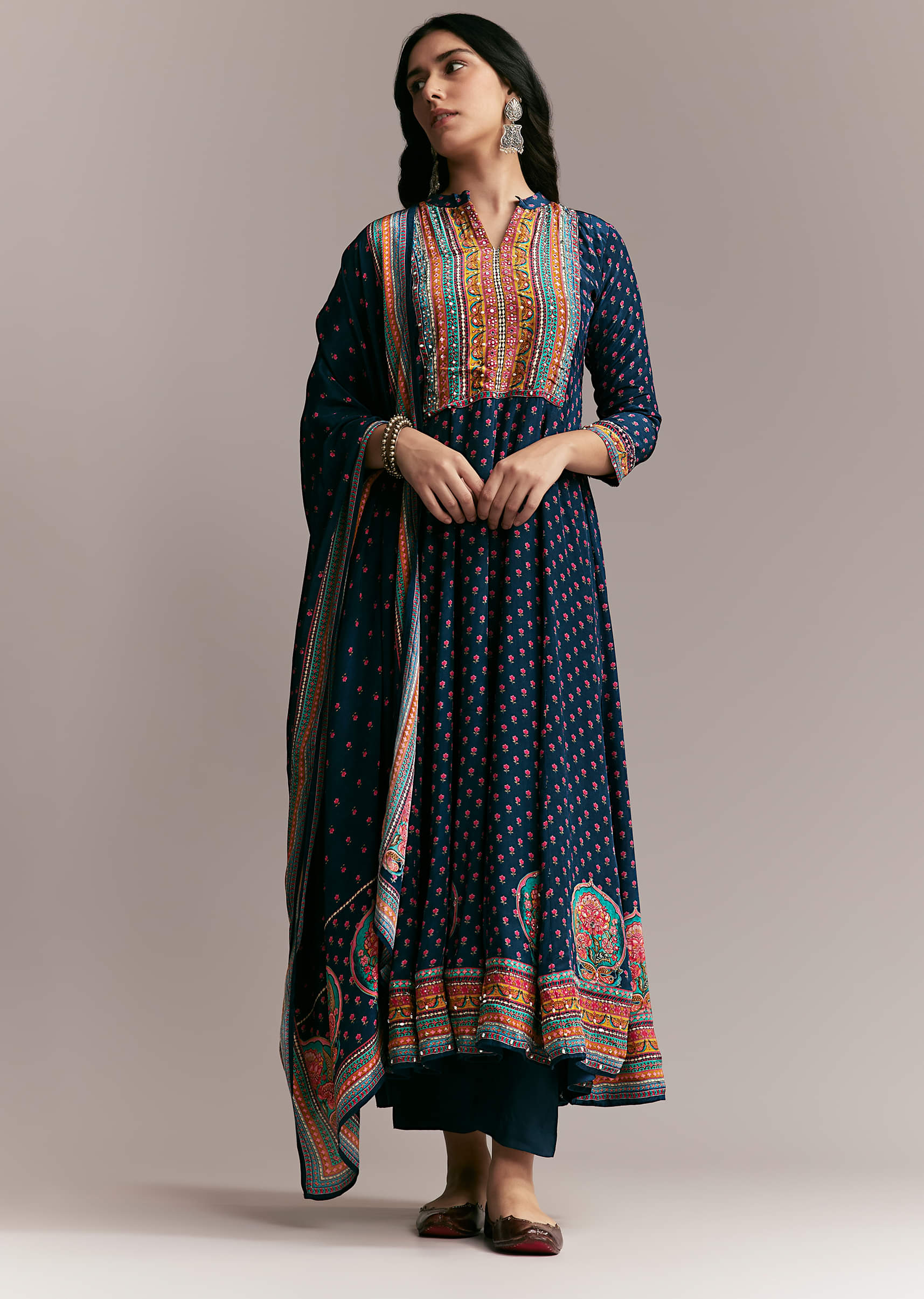 Navy Blue Printed Anarkali Set - Image 3