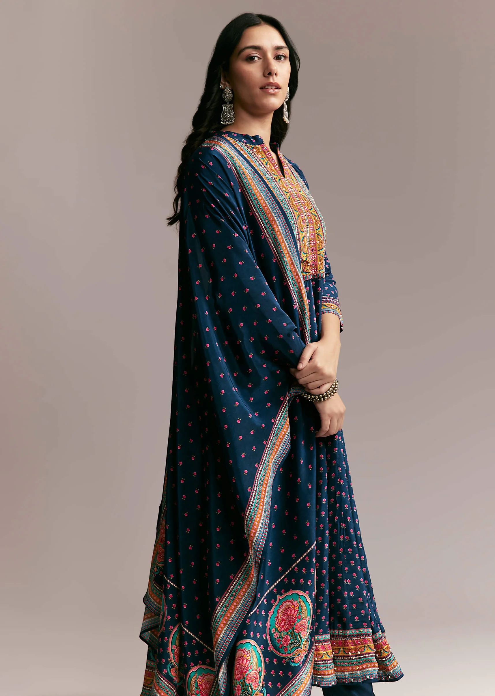 Navy Blue Printed Anarkali Set - Image 5