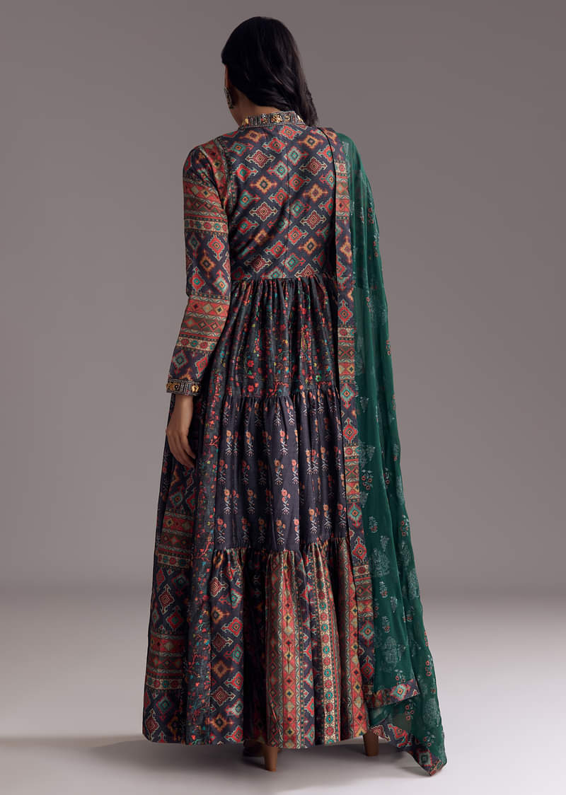 Navy Blue Printed Silk Anarkali With Dupatta - Image 5