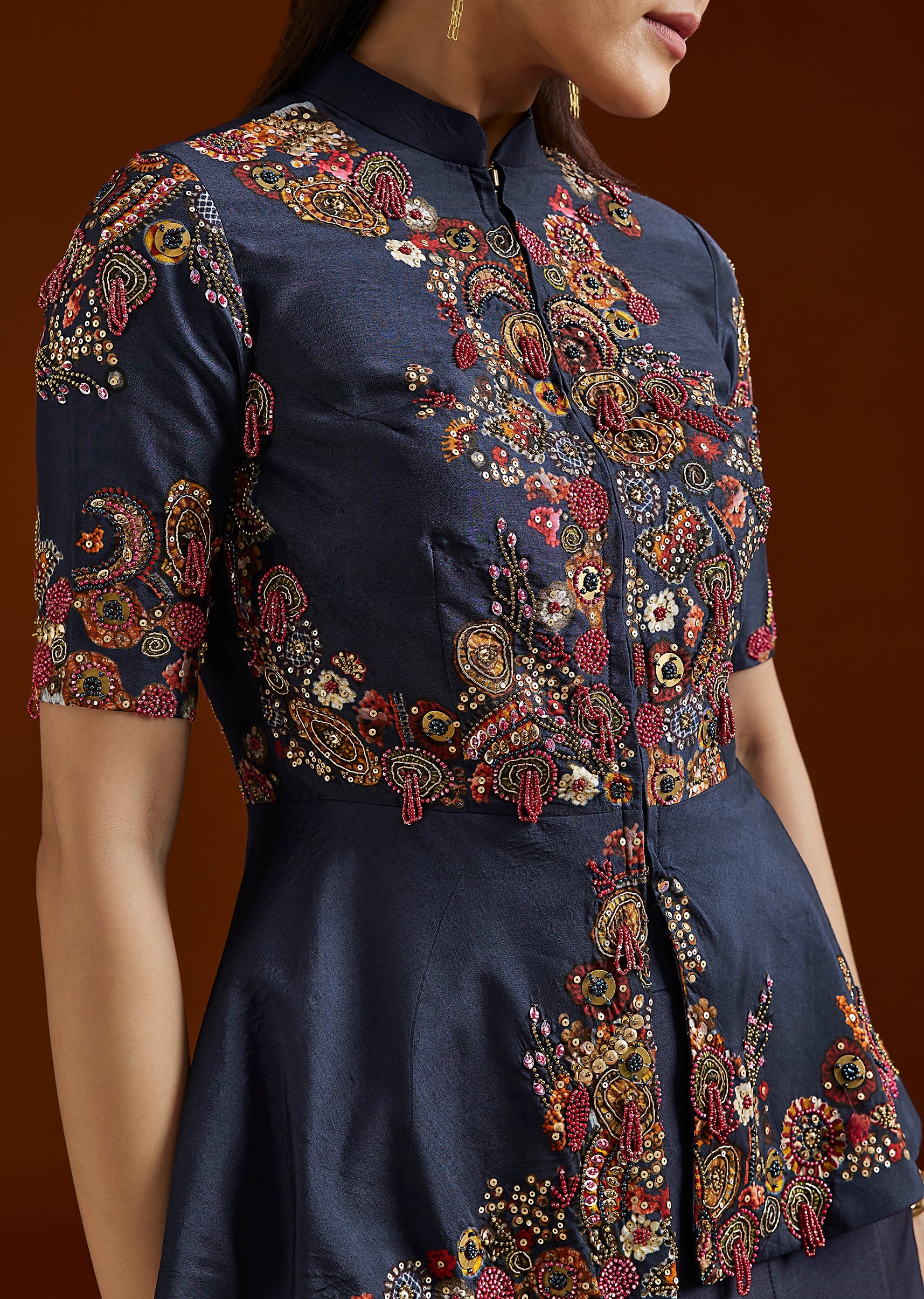 Navy Blue Printed Silk Blend Peplum Palazzo Set - Image 2