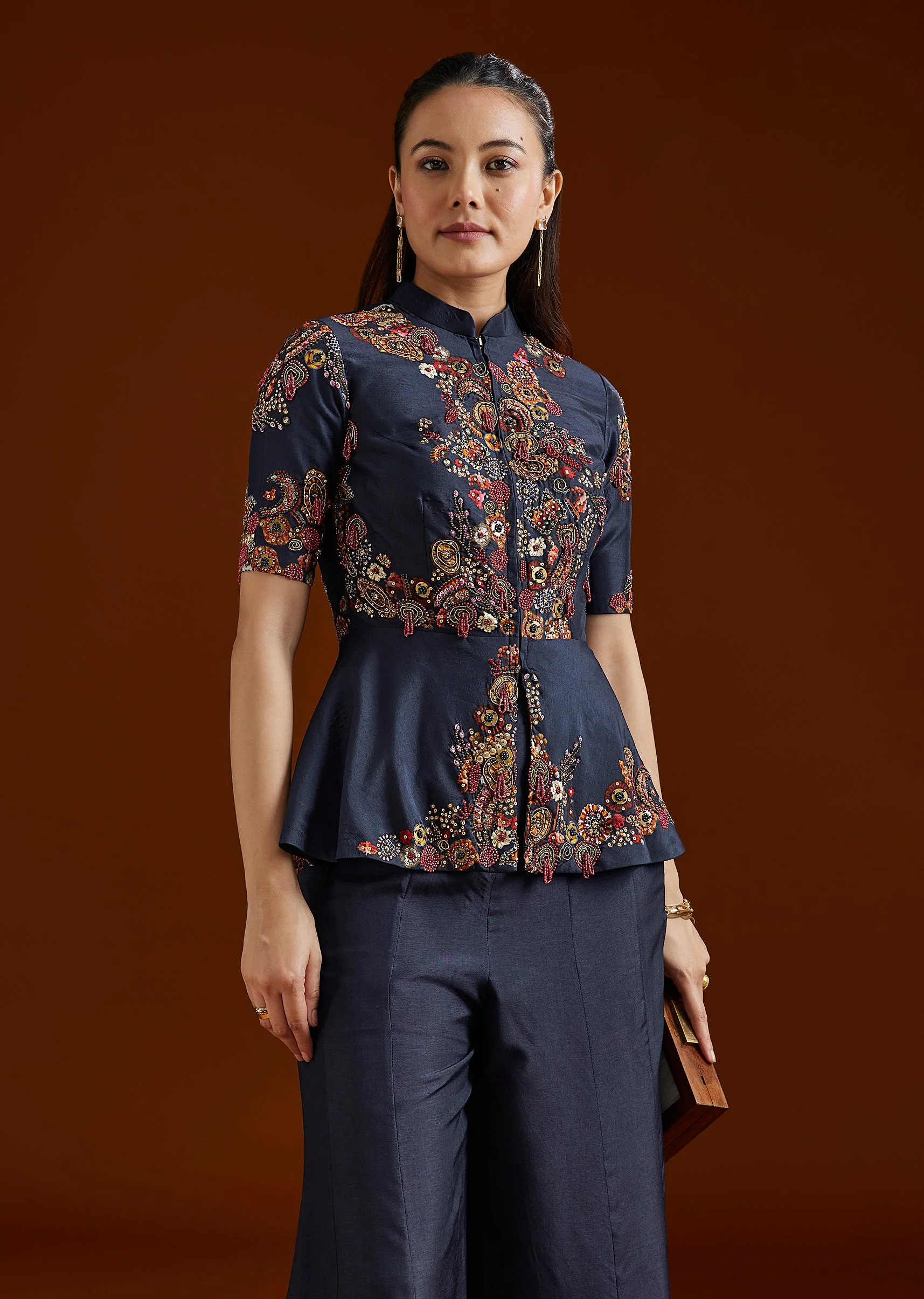 Navy Blue Printed Silk Blend Peplum Palazzo Set - Image 4