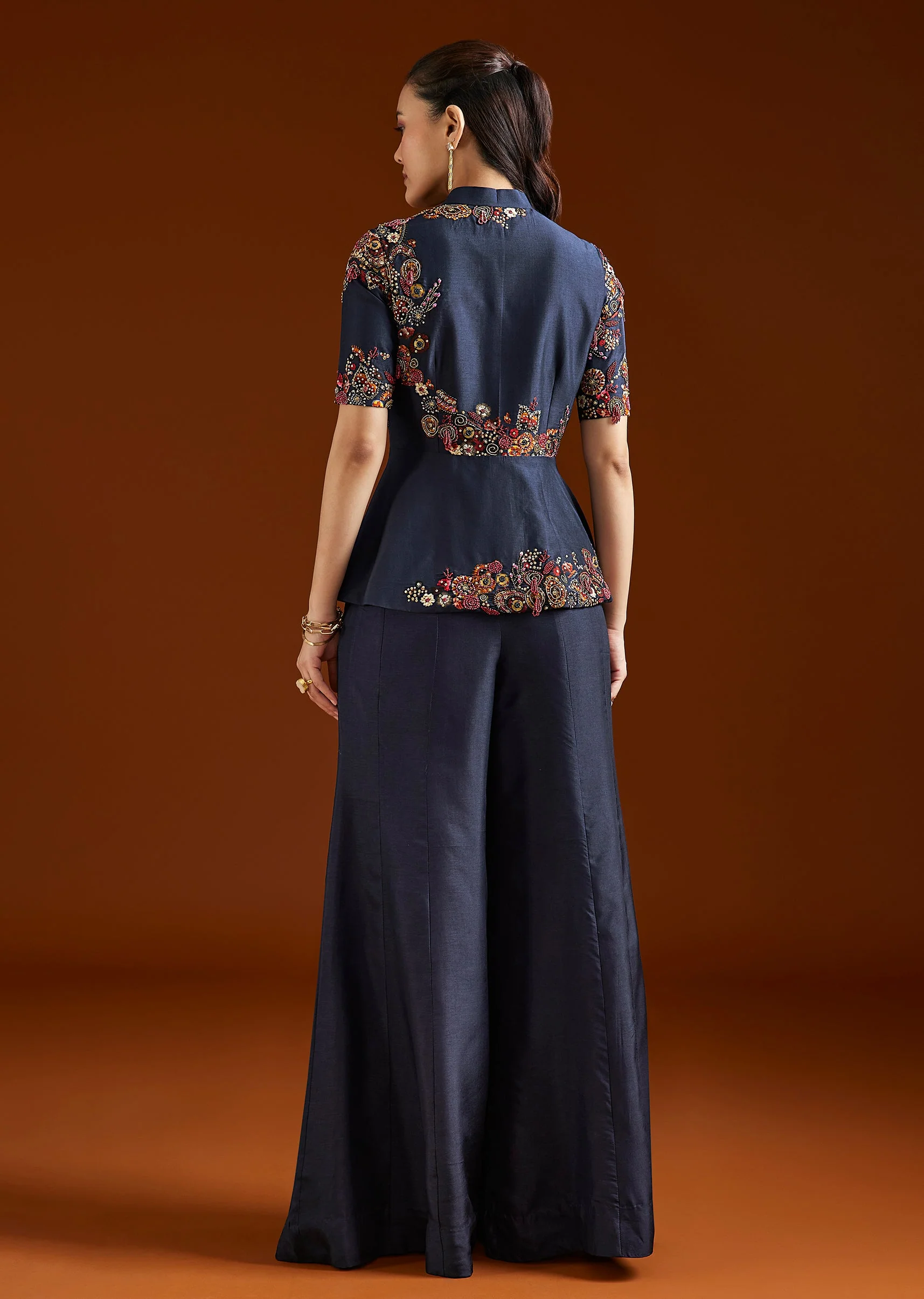 Navy Blue Printed Silk Blend Peplum Palazzo Set - Image 5