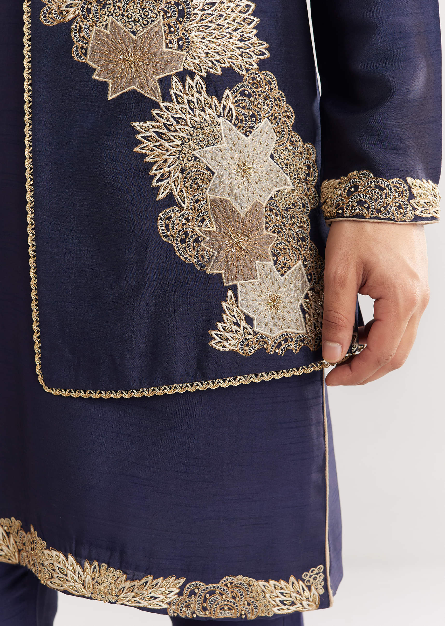 Navy Blue Rawsilk Jacket Kurta Set With Floral Beaded And Threadwork - Image 4