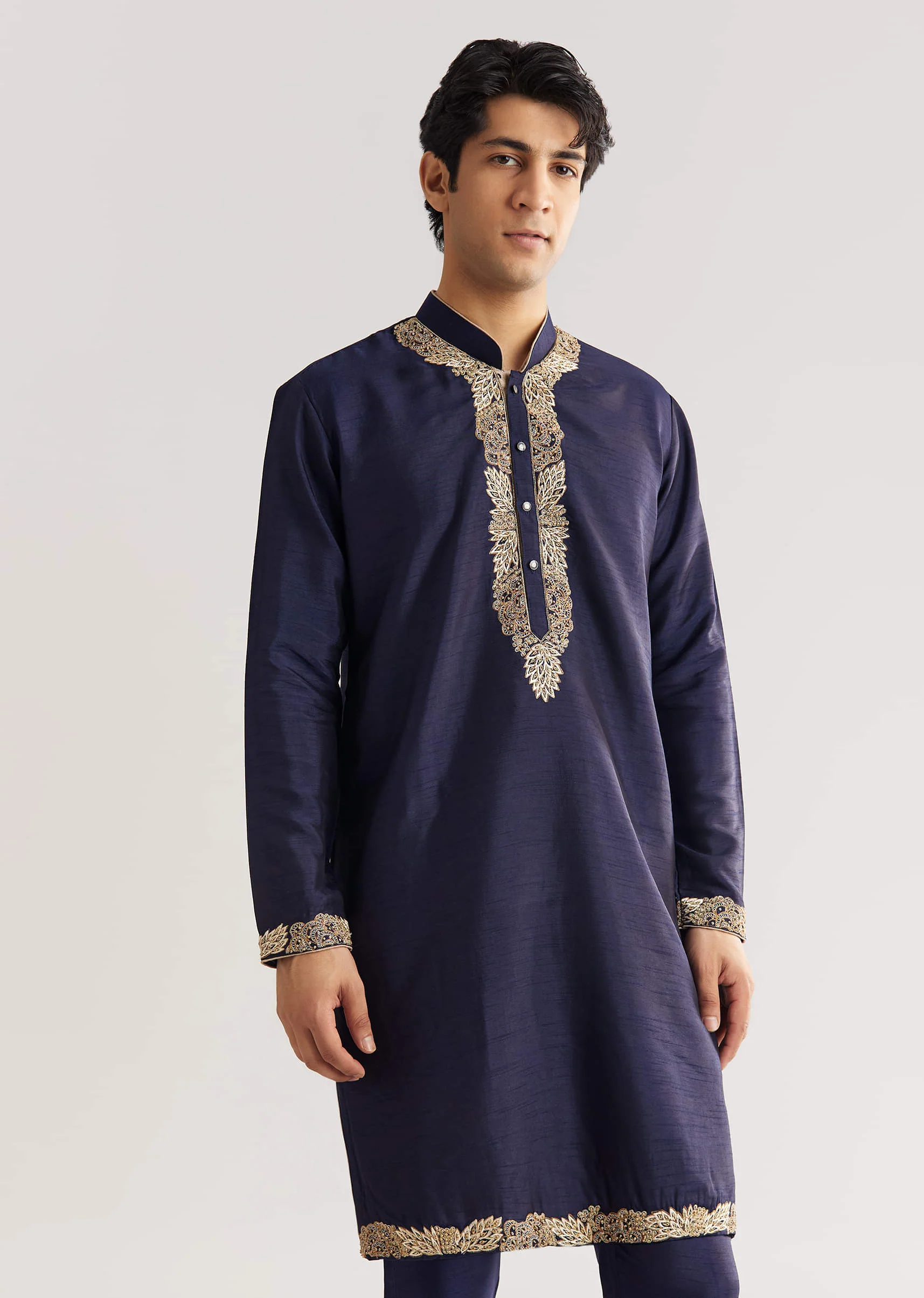 Navy Blue Rawsilk Jacket Kurta Set With Floral Beaded And Threadwork - Image 7