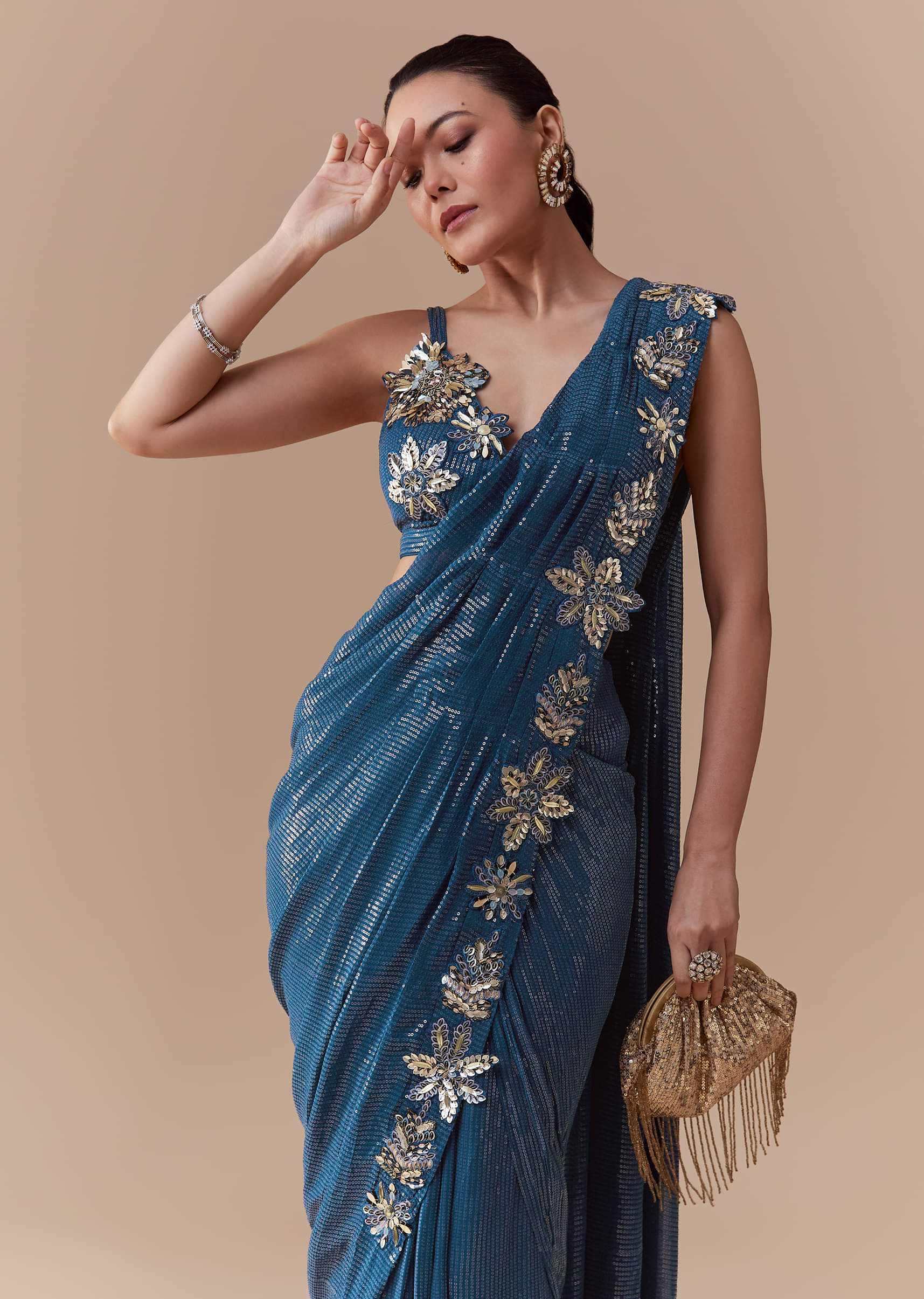 Navy Blue Ready Pleated Georgette Saree with Sequins Blouse - Image 4