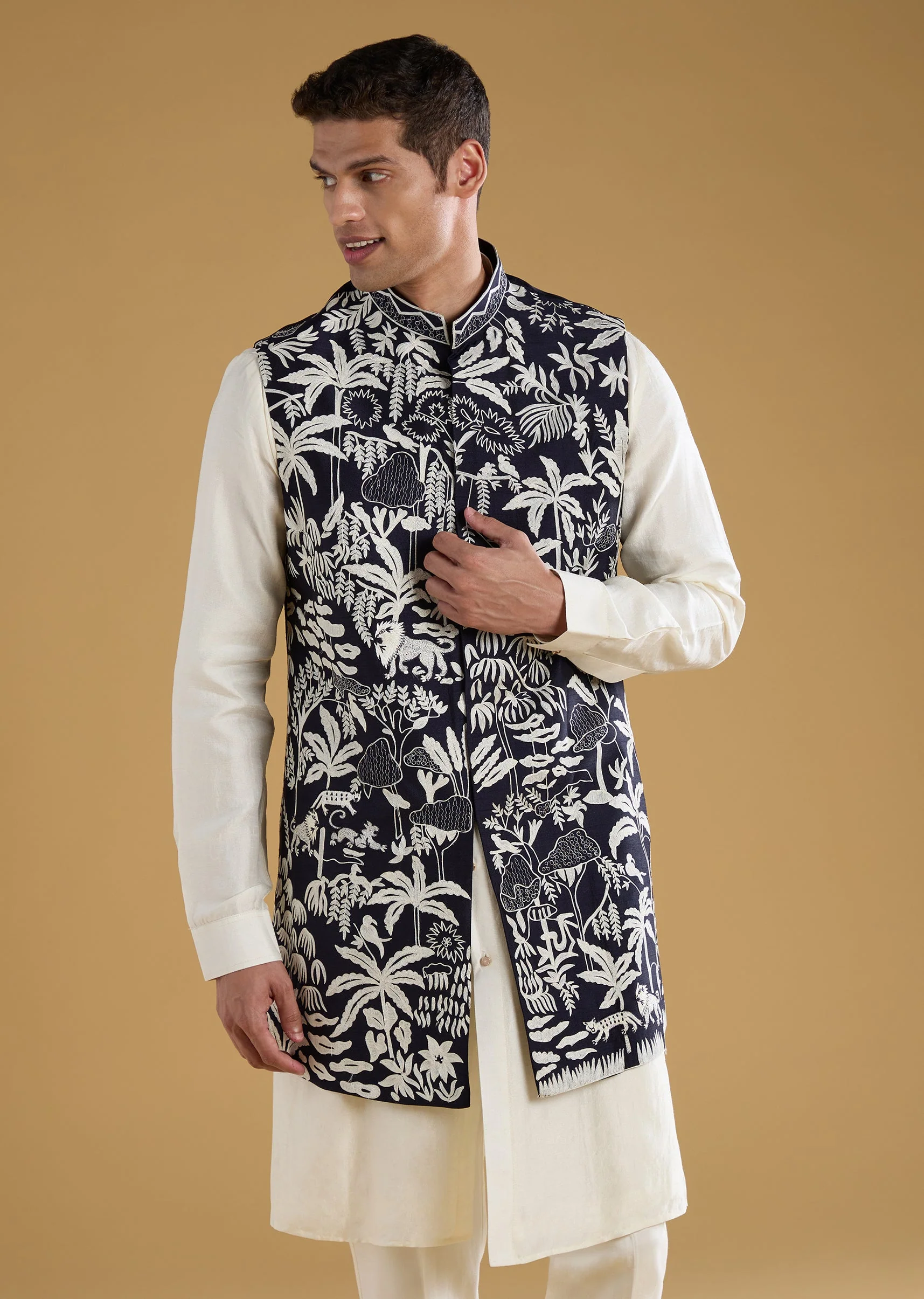 Navy Blue Resham Embroidered Jacket and Kurta Set - Image 4