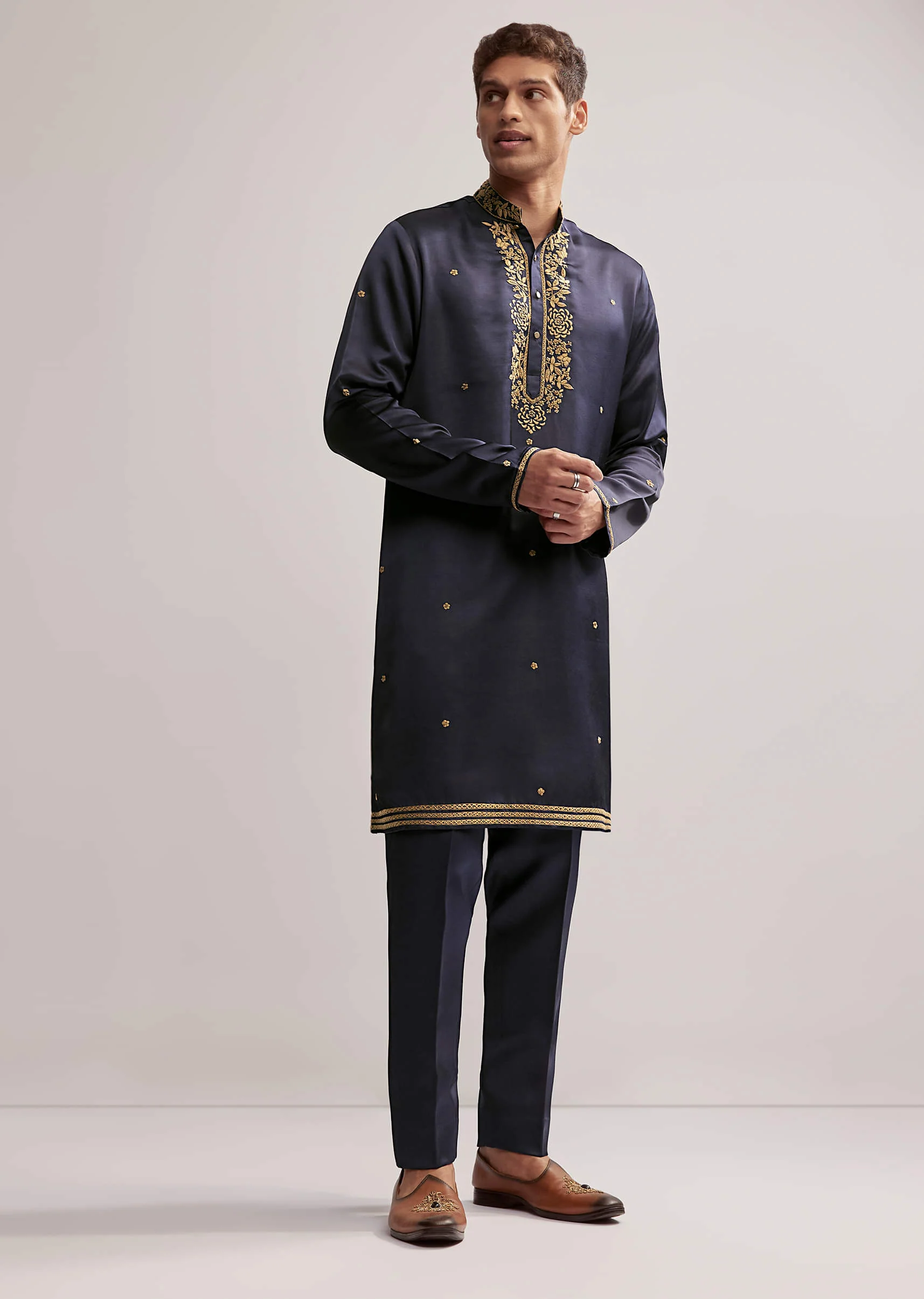 Navy Blue Satin Blend Kurta Set For Men With Zardosi Work - Image 3
