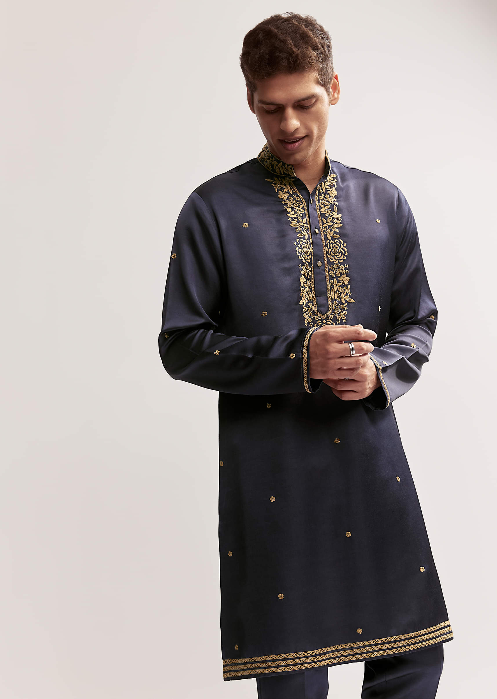 Navy Blue Satin Blend Kurta Set For Men With Zardosi Work - Image 4