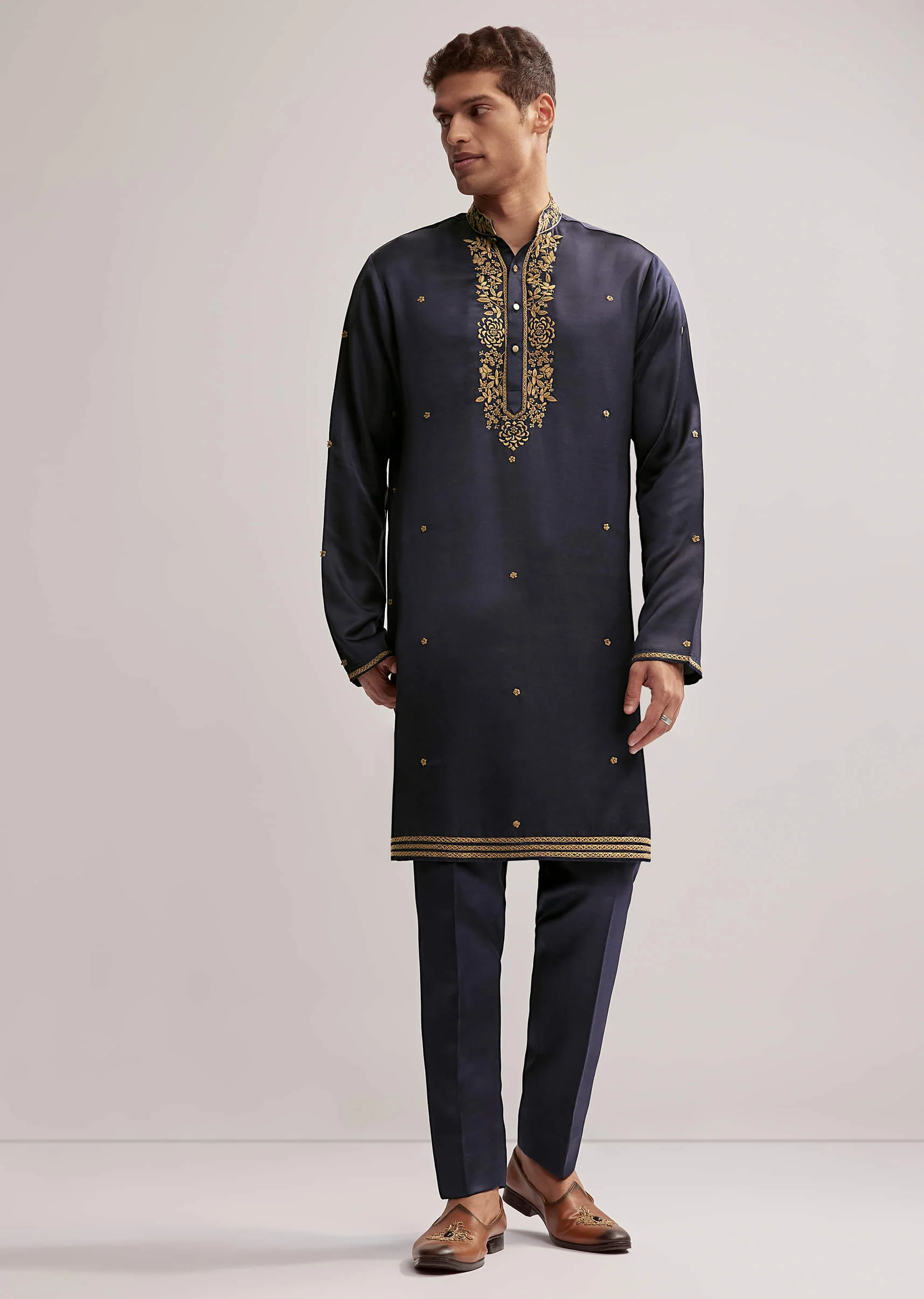 Navy Blue Satin Blend Kurta Set For Men With Zardosi Work - Image 7