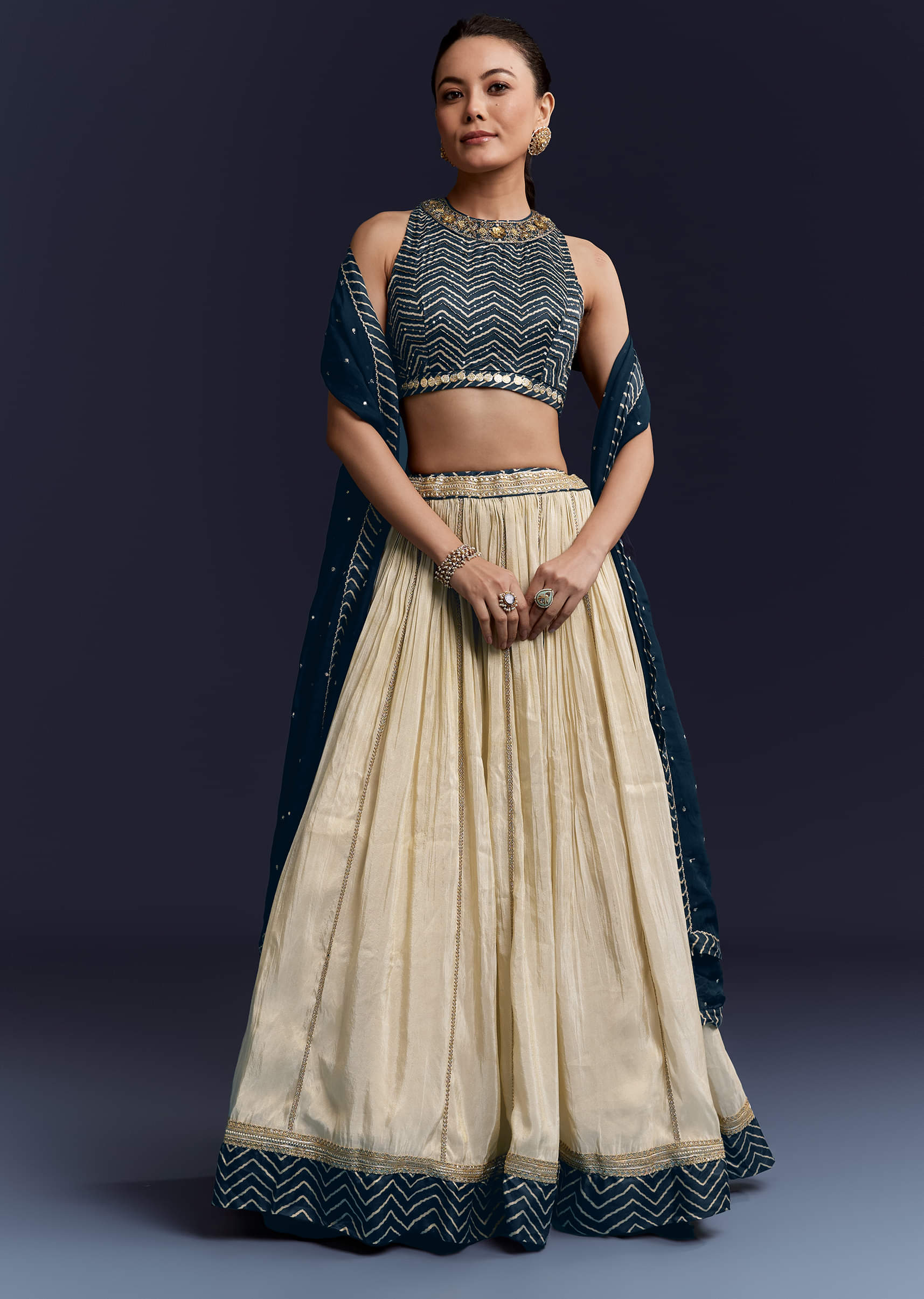 Navy Blue Satin Bridesmaid Lehenga With Hand Dyed Chevron Print Choli - Image 4