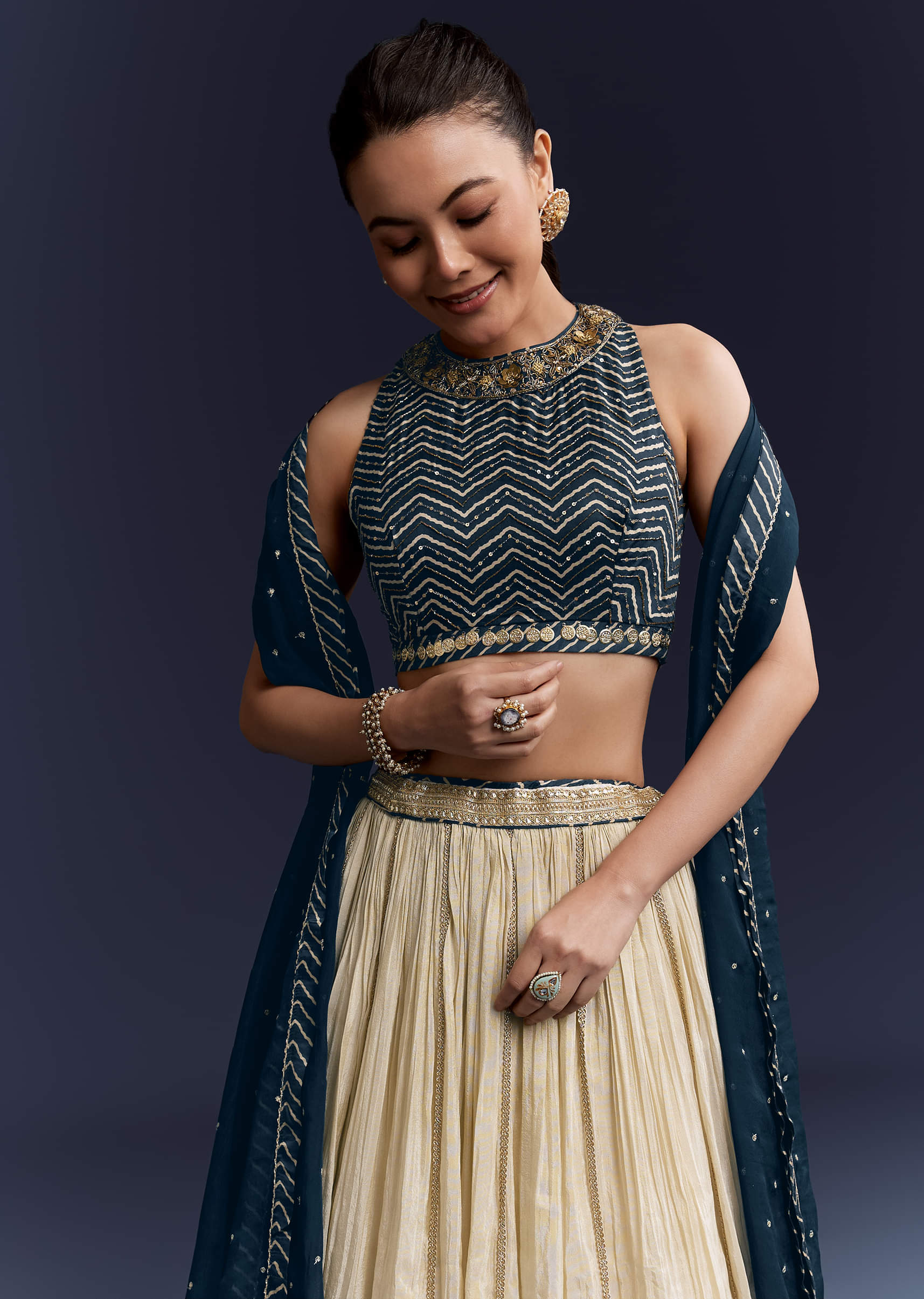 Navy Blue Satin Bridesmaid Lehenga With Hand Dyed Chevron Print Choli - Image 5