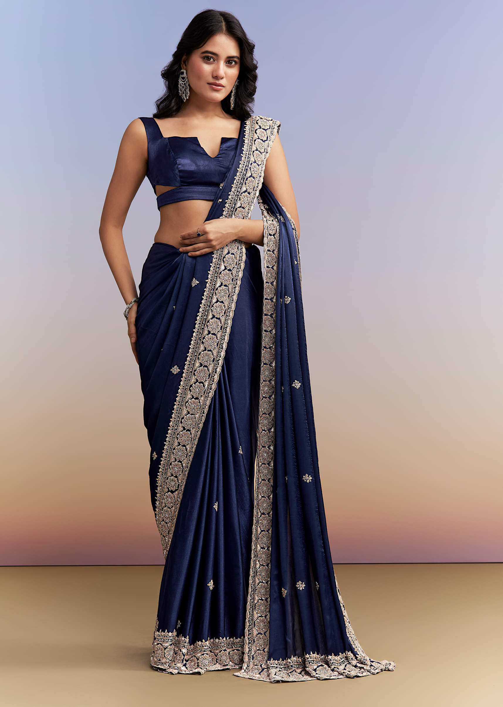 Navy Blue Satin Chinon Saree With Heavy Hand Embroidery - Image 3