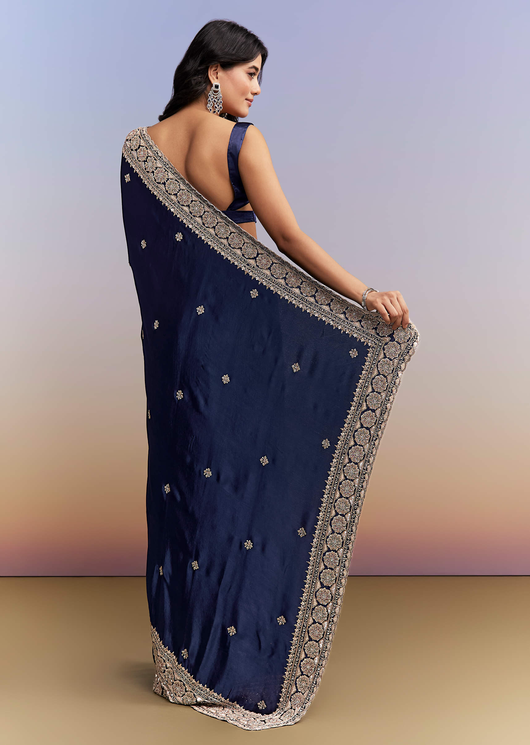 Navy Blue Satin Chinon Saree With Heavy Hand Embroidery - Image 4