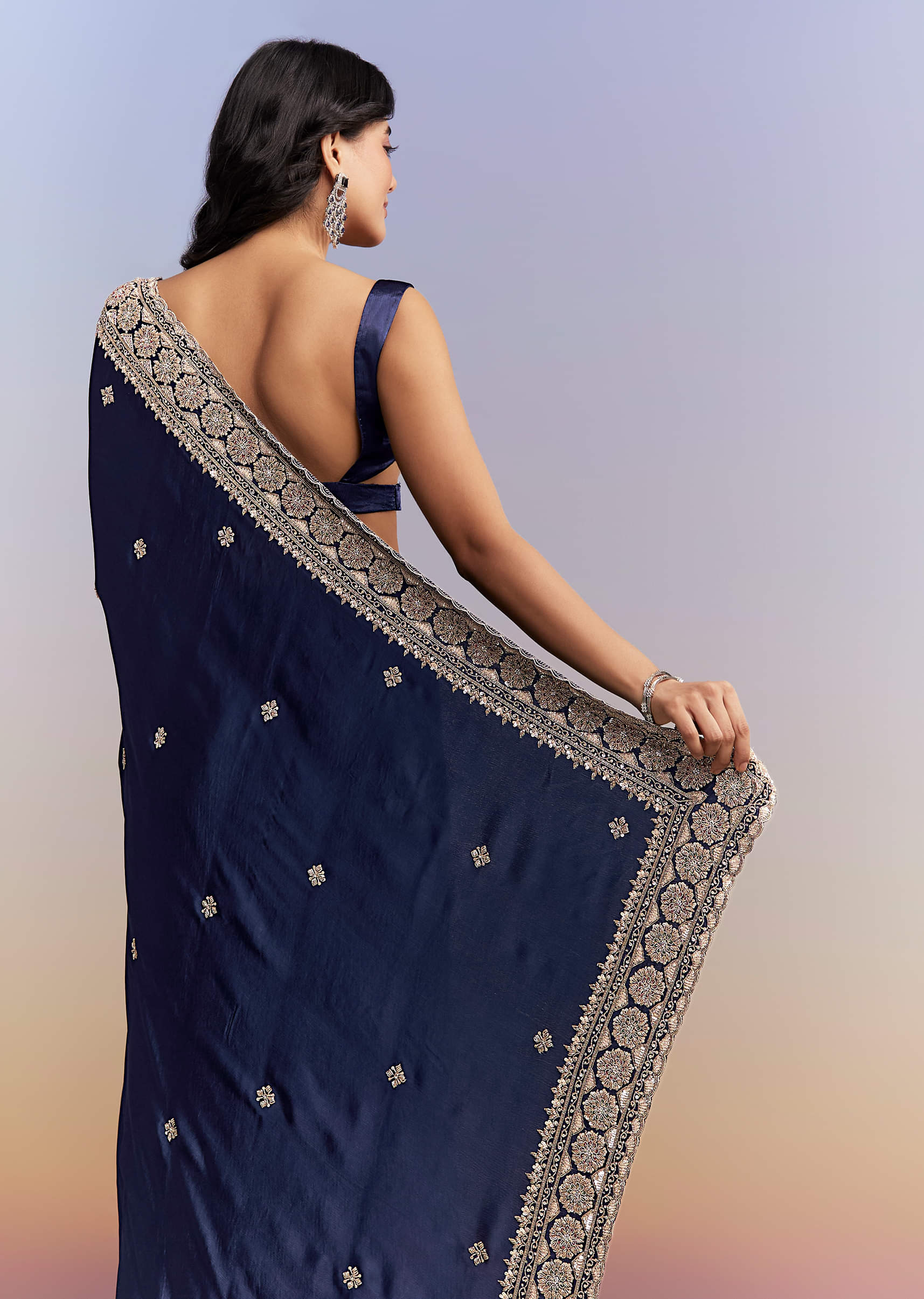 Navy Blue Satin Chinon Saree With Heavy Hand Embroidery - Image 6