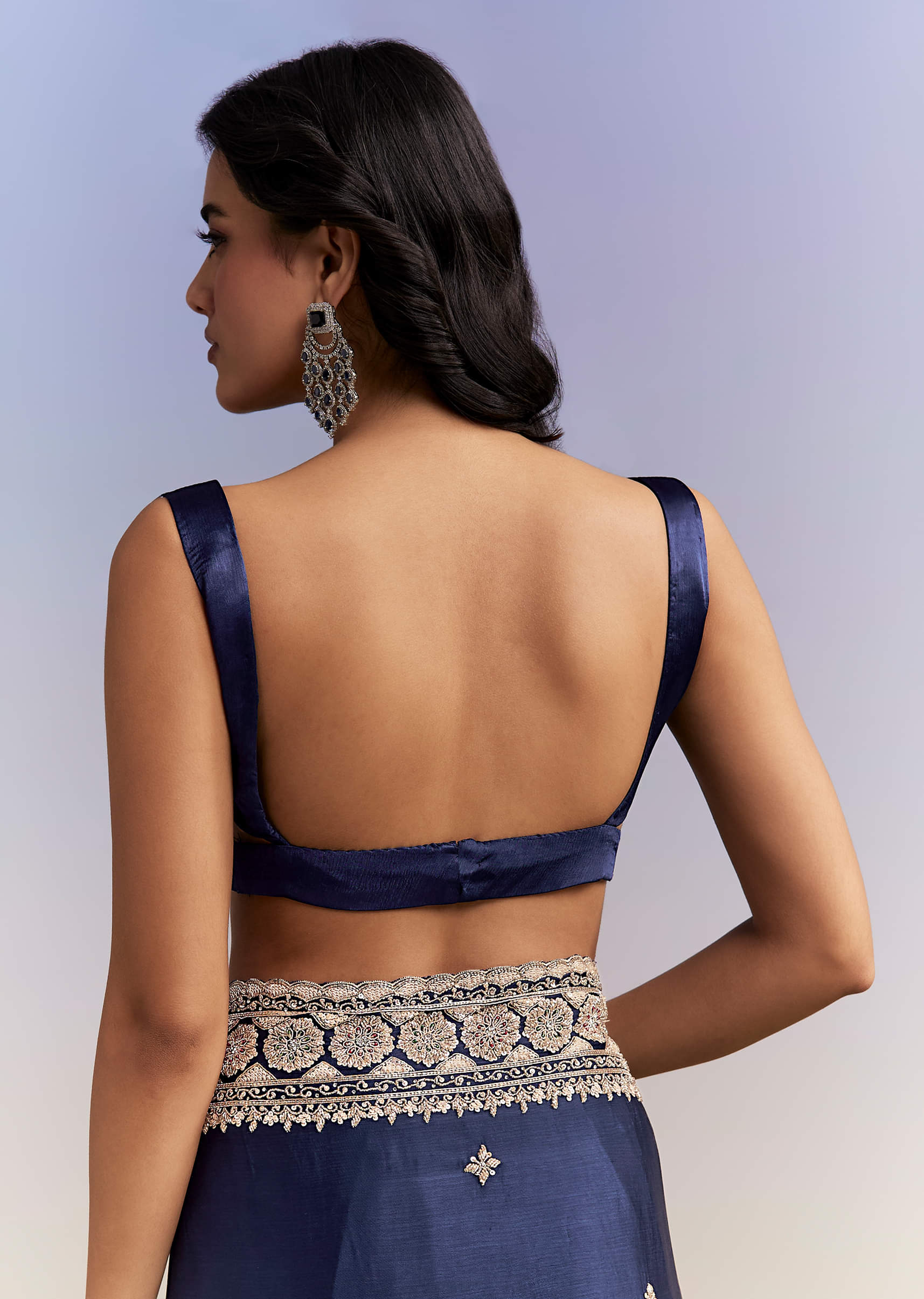 Navy Blue Satin Chinon Saree With Heavy Hand Embroidery - Image 8