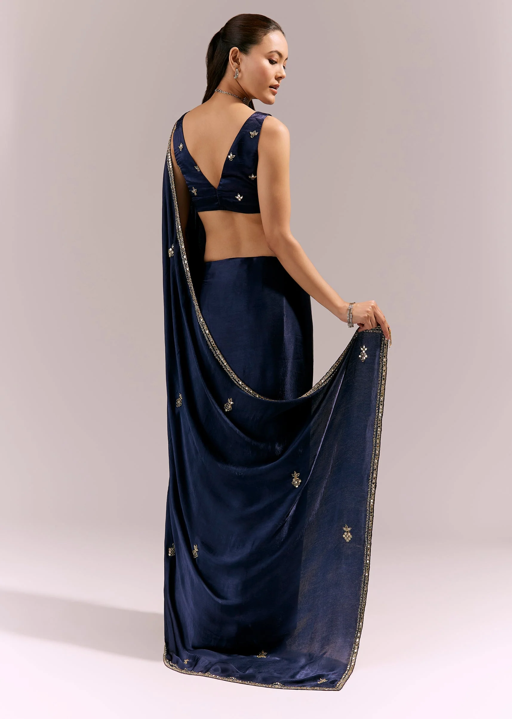 Navy Blue Satin Chinon Saree With Mirror And Bead Embroidered Border - Image 4