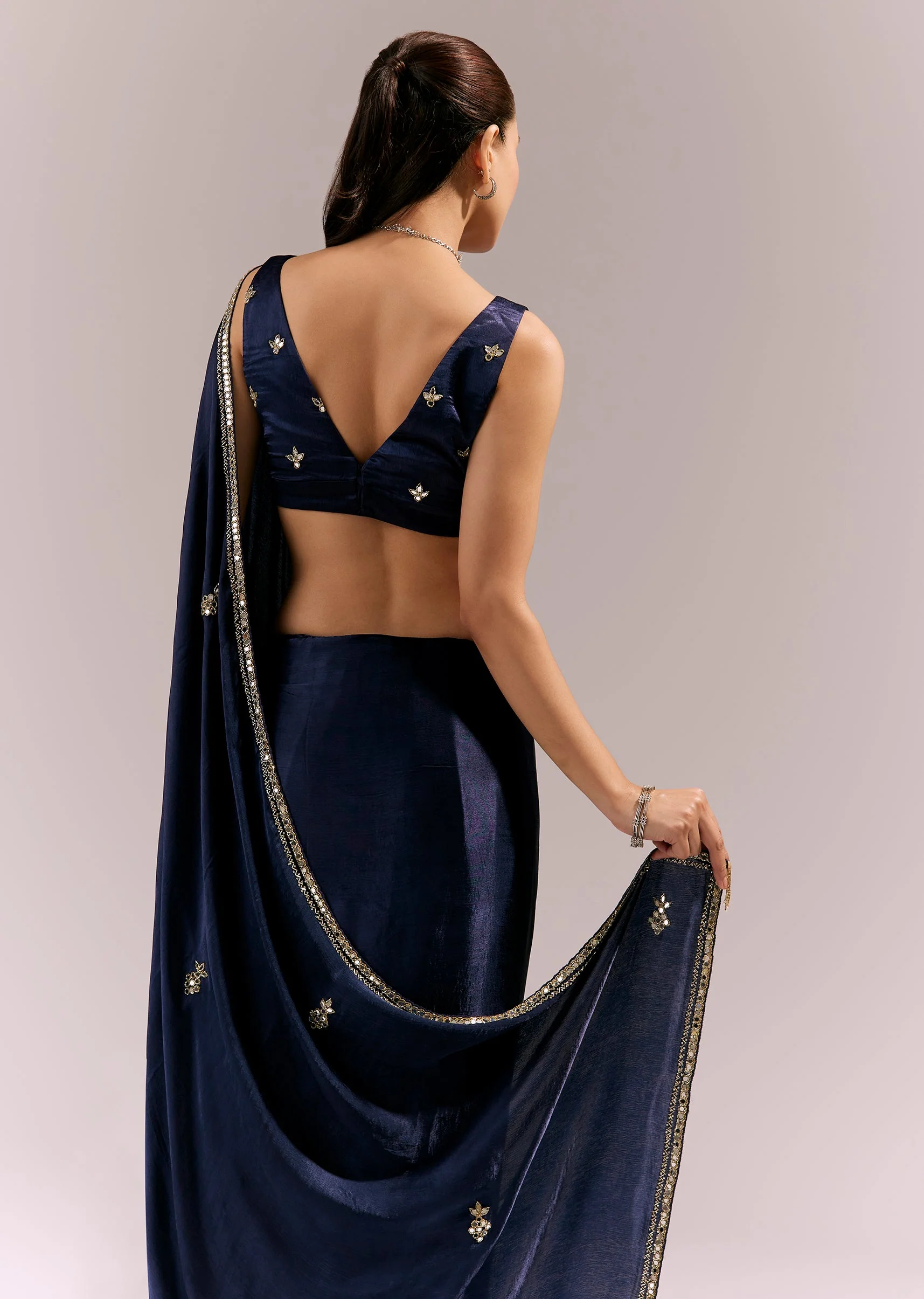 Navy Blue Satin Chinon Saree With Mirror And Bead Embroidered Border - Image 6
