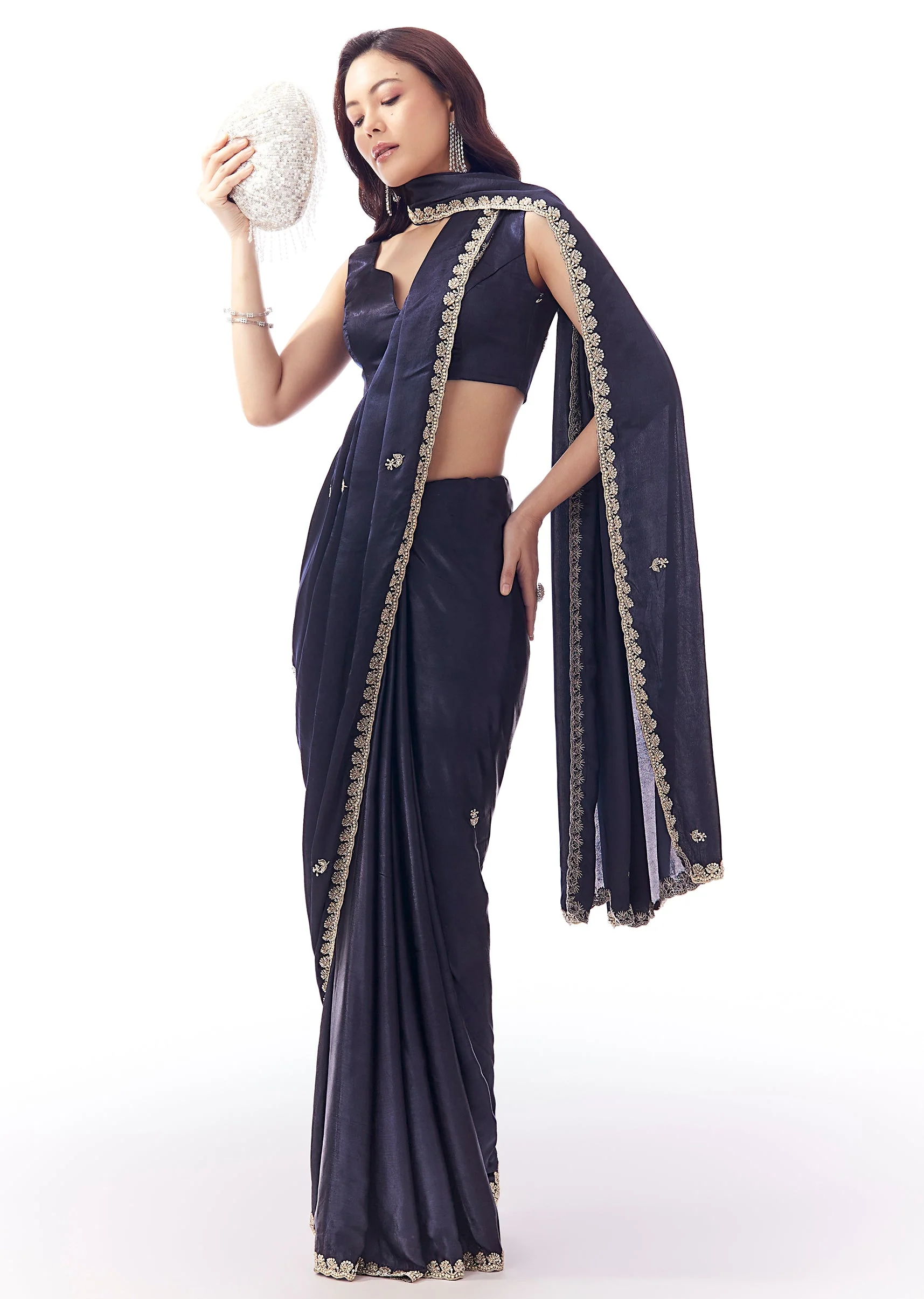 Navy Blue Satin Chinon Saree With Scalloped Moti Embroidered Border And Buttis - Image 3