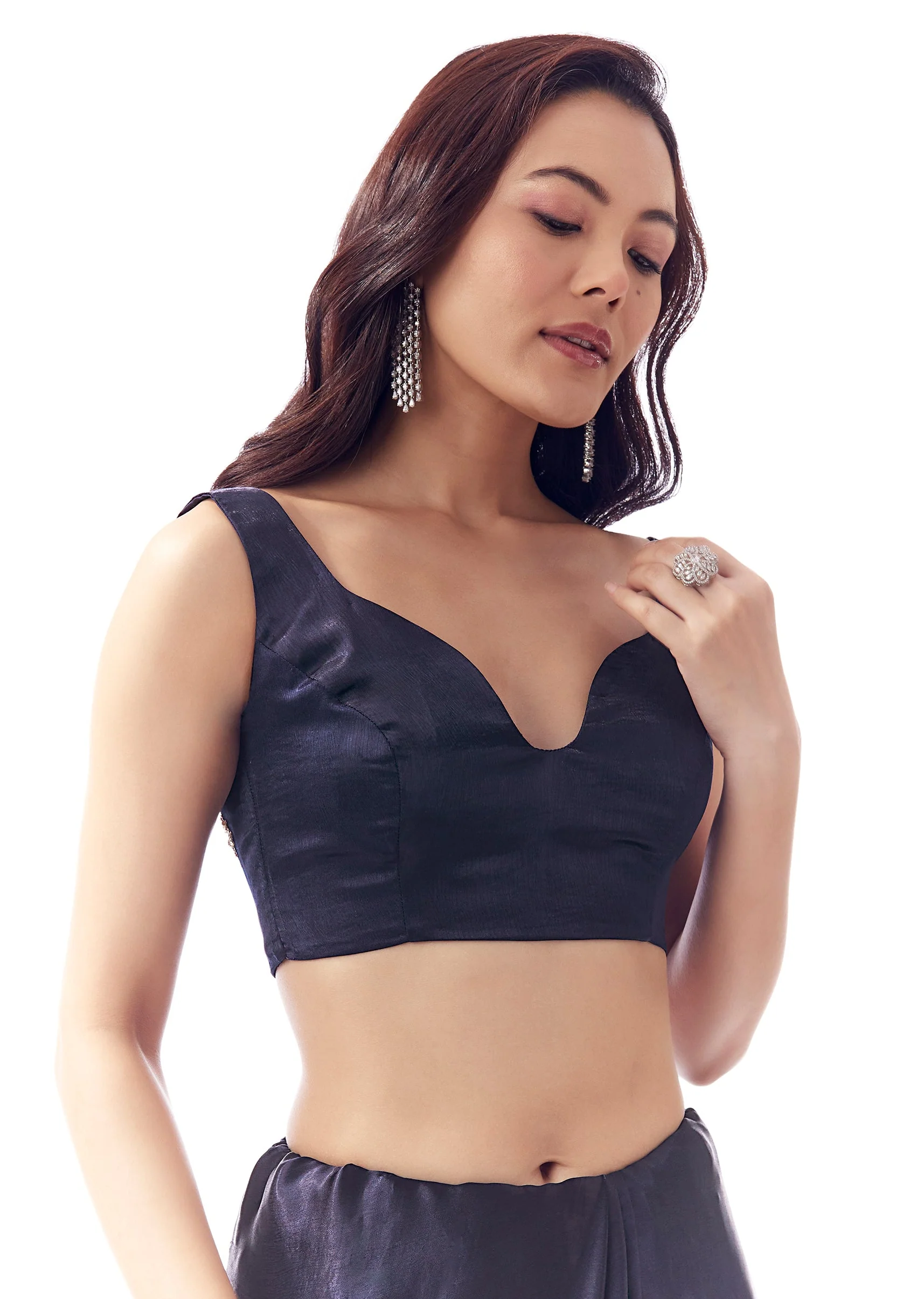 Navy Blue Satin Chinon Saree With Scalloped Moti Embroidered Border And Buttis - Image 7