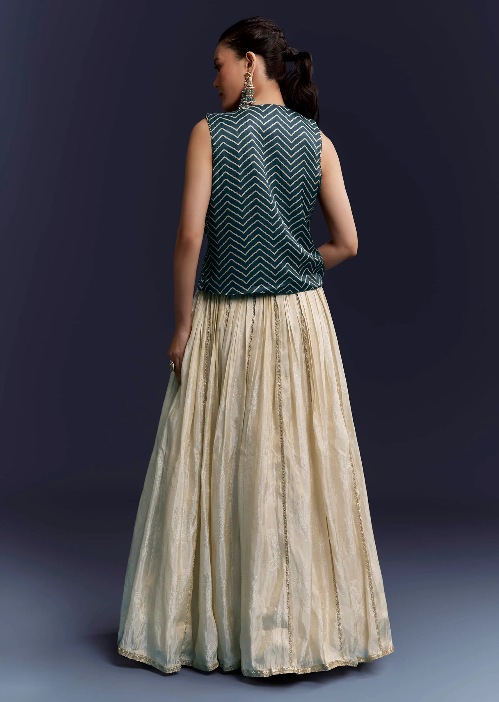 Navy Blue Satin Festive Lehenga With Hand Dyed Chevron Print Jacket - Image 2