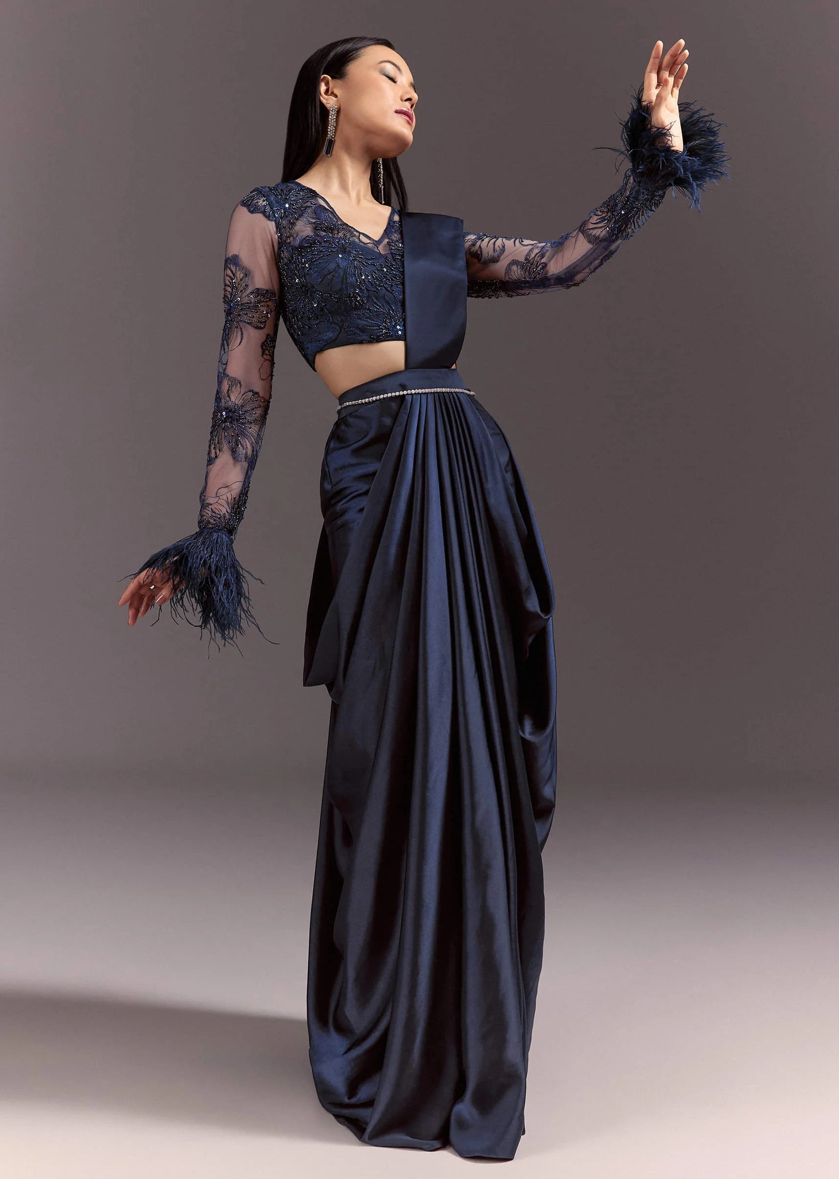 Navy Blue Satin Pleated Saree With Full Sleeve V Neck Blouse