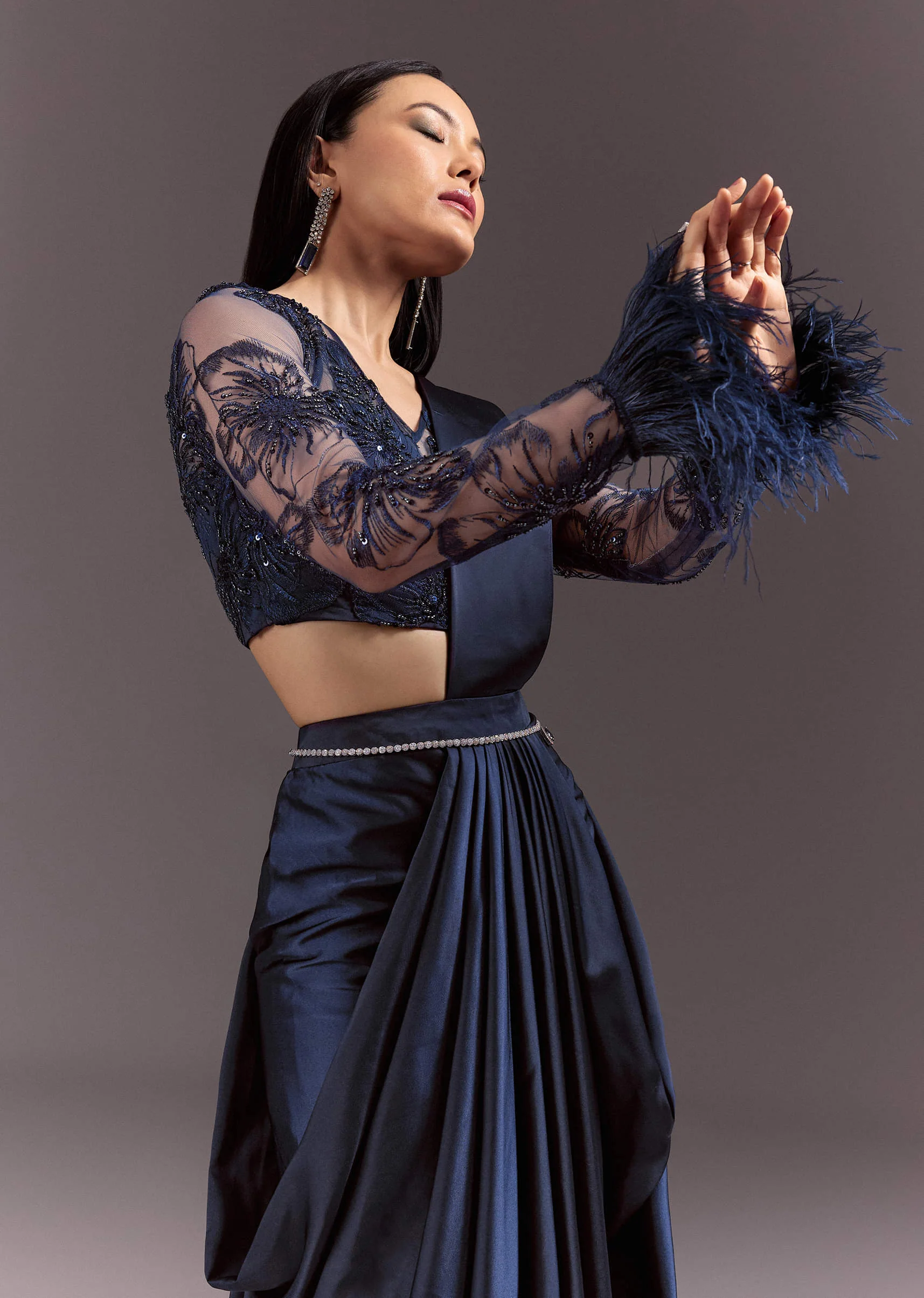 Navy Blue Satin Pleated Saree With Full Sleeve V Neck Blouse - Image 2