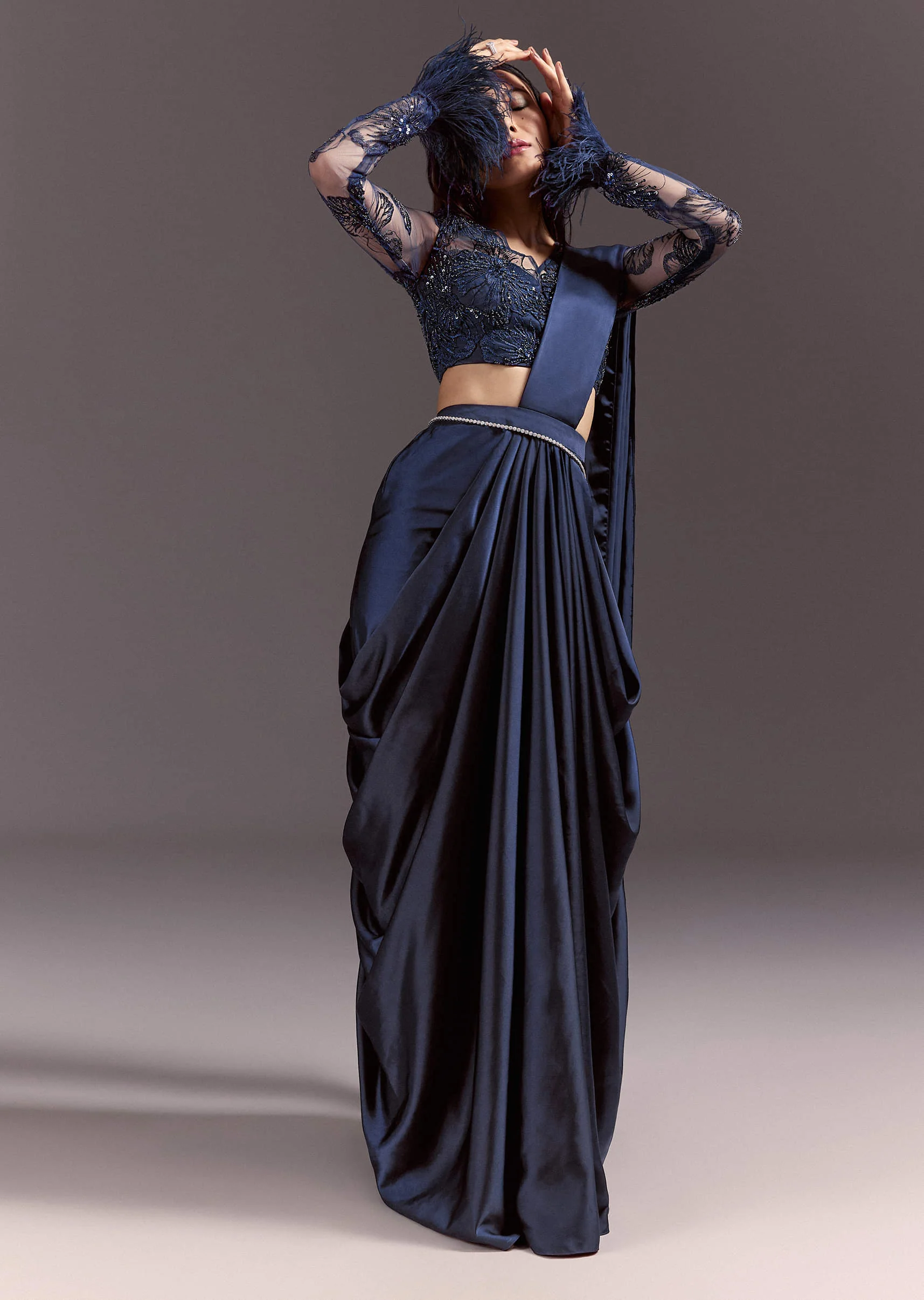 Navy Blue Satin Pleated Saree With Full Sleeve V Neck Blouse - Image 4
