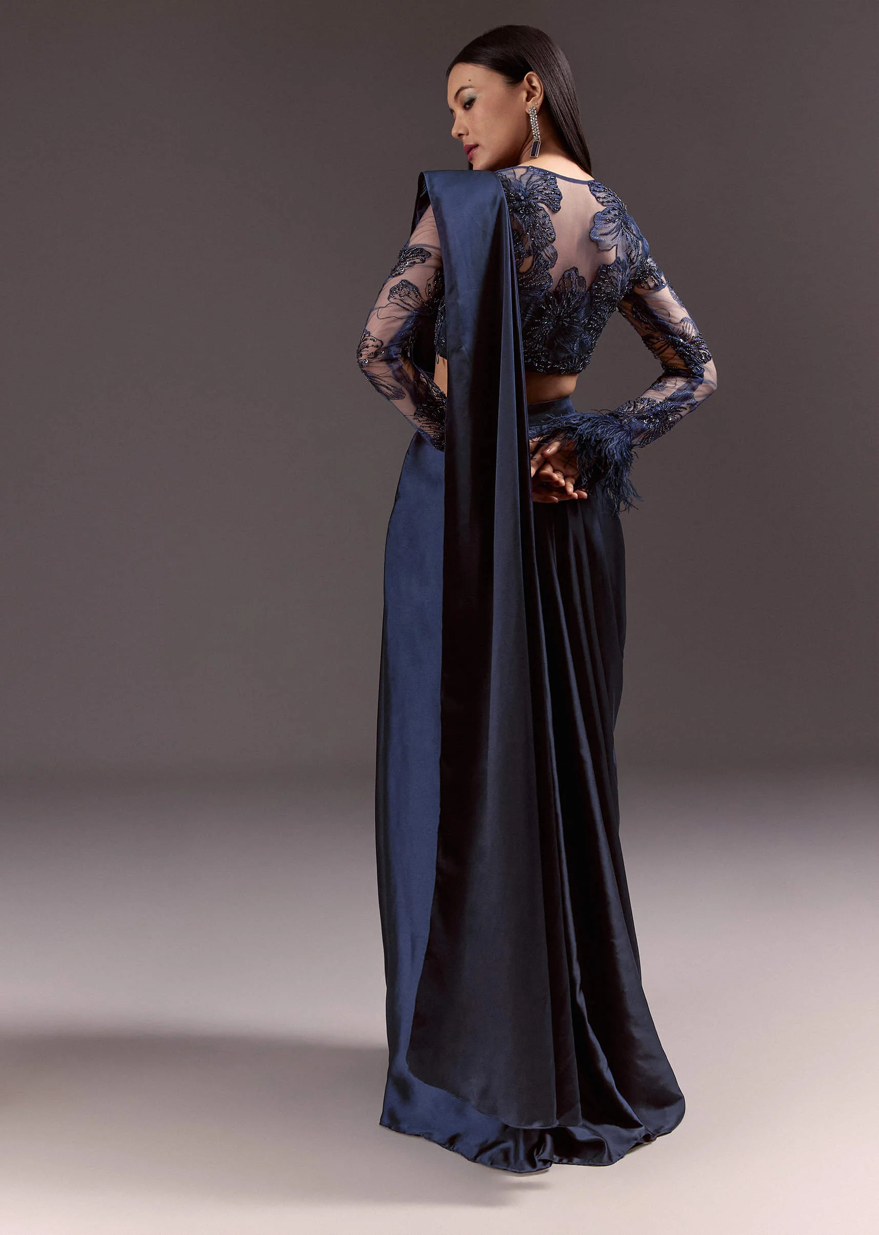 Navy Blue Satin Pleated Saree With Full Sleeve V Neck Blouse - Image 6