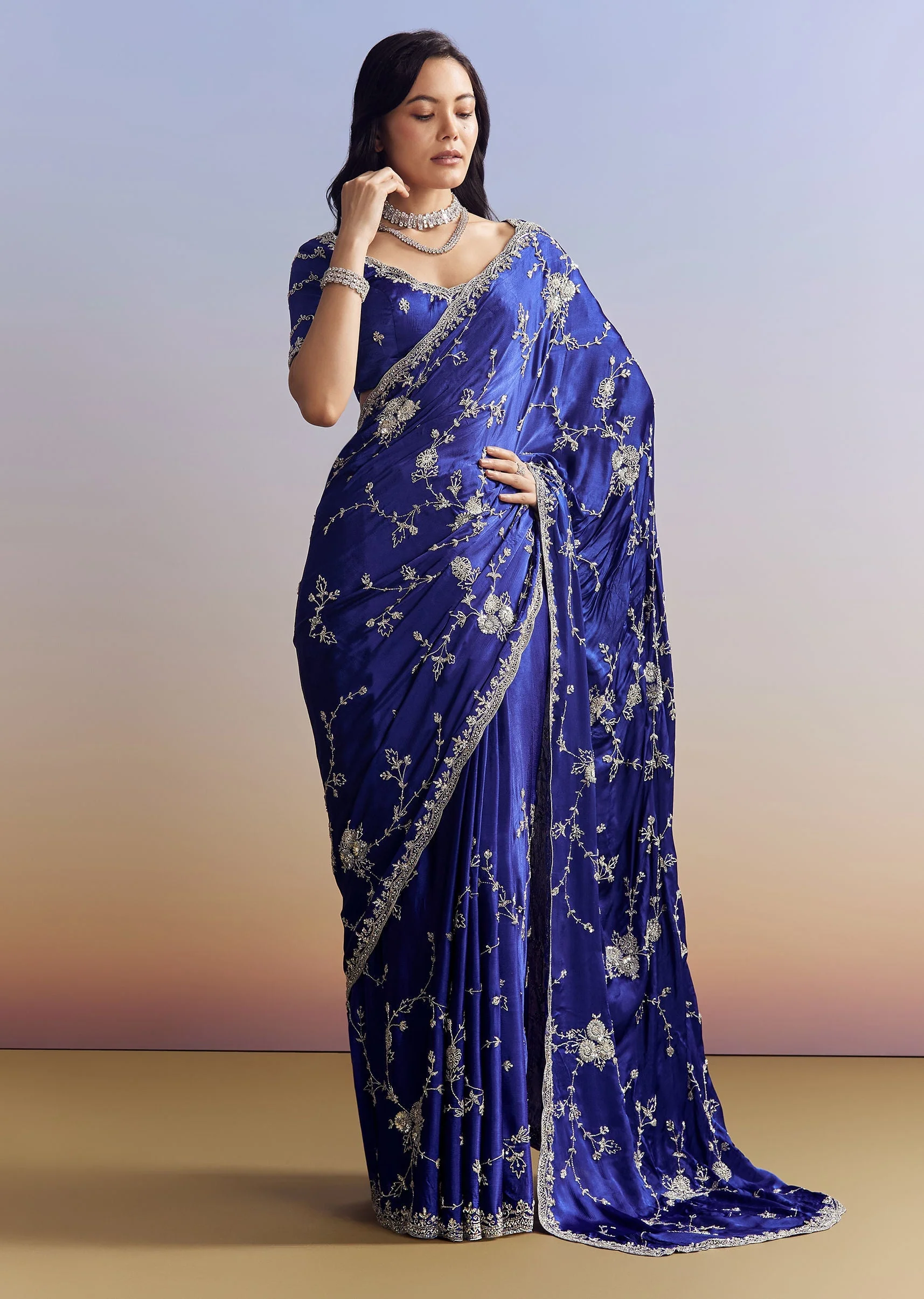 Navy Blue Satin Saree With All Over Floral Jaal Embroidery - Image 3