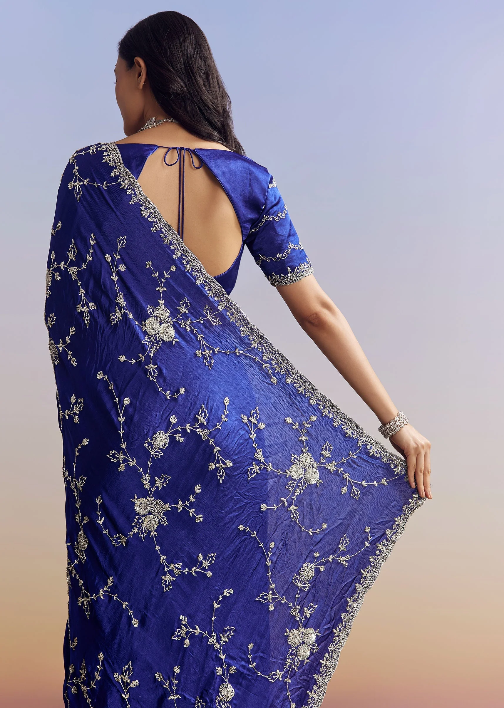 Navy Blue Satin Saree With All Over Floral Jaal Embroidery - Image 4