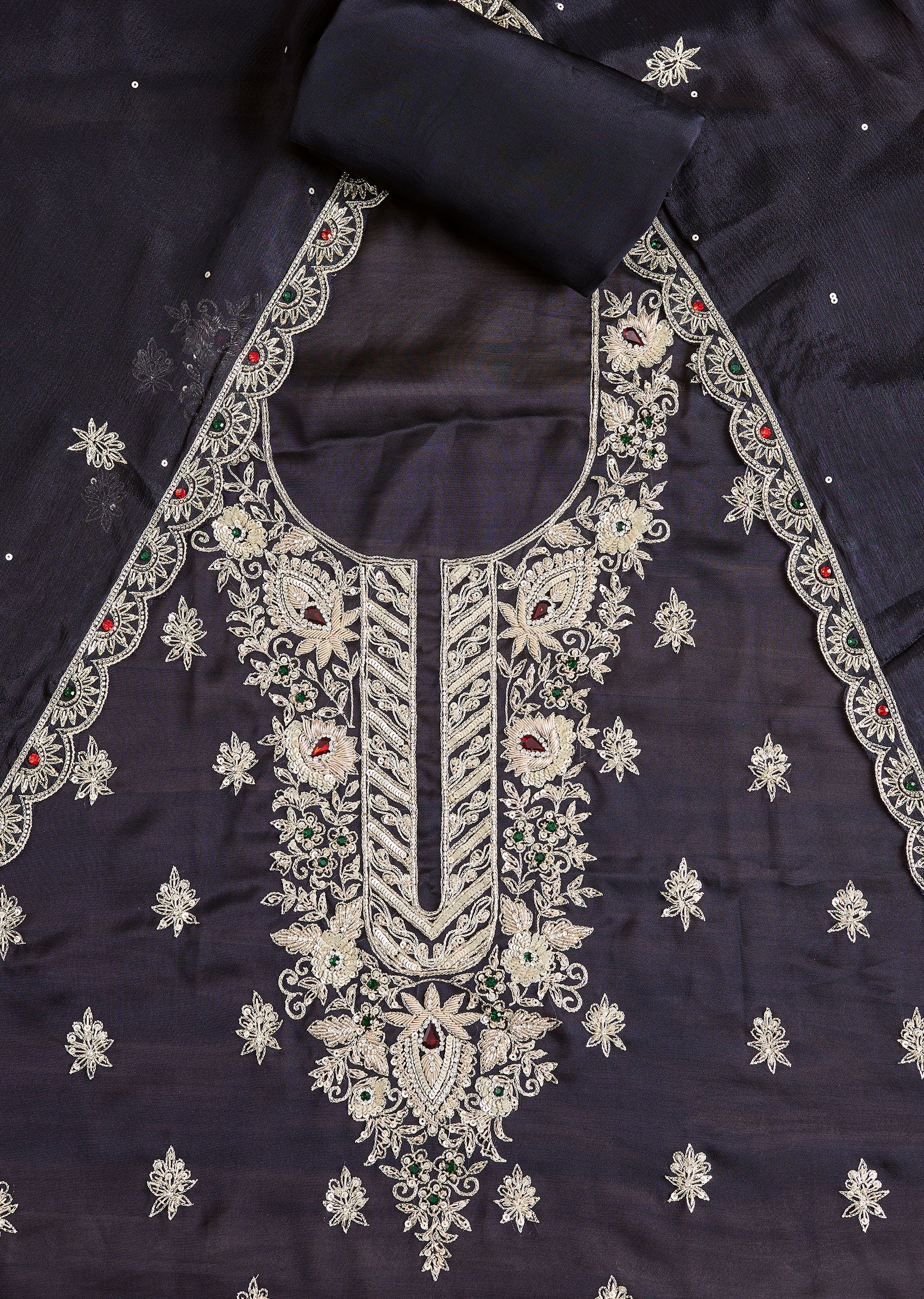 Navy Blue Satin Unstitched Suit With Dupatta