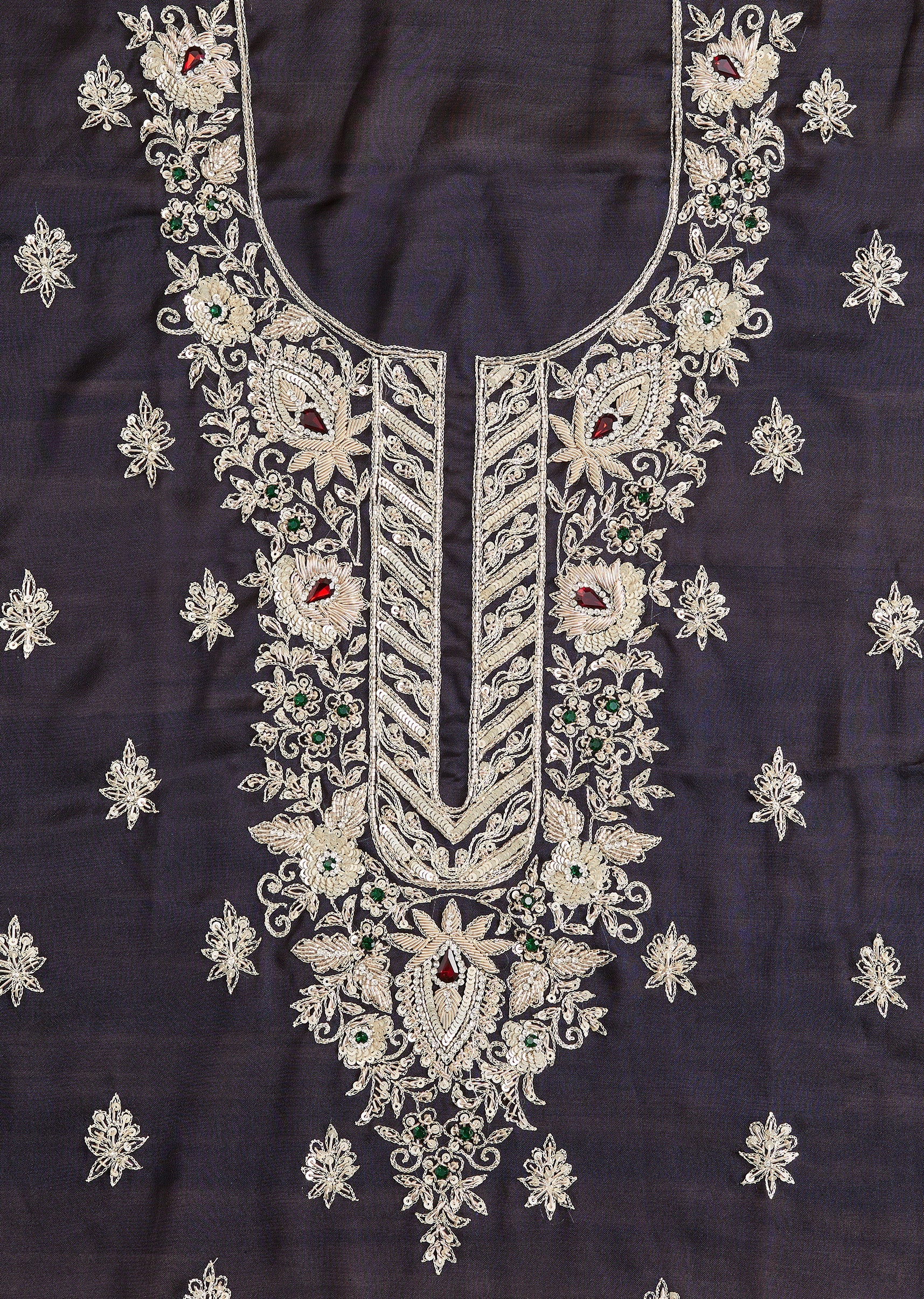 Navy Blue Satin Unstitched Suit With Dupatta - Image 3