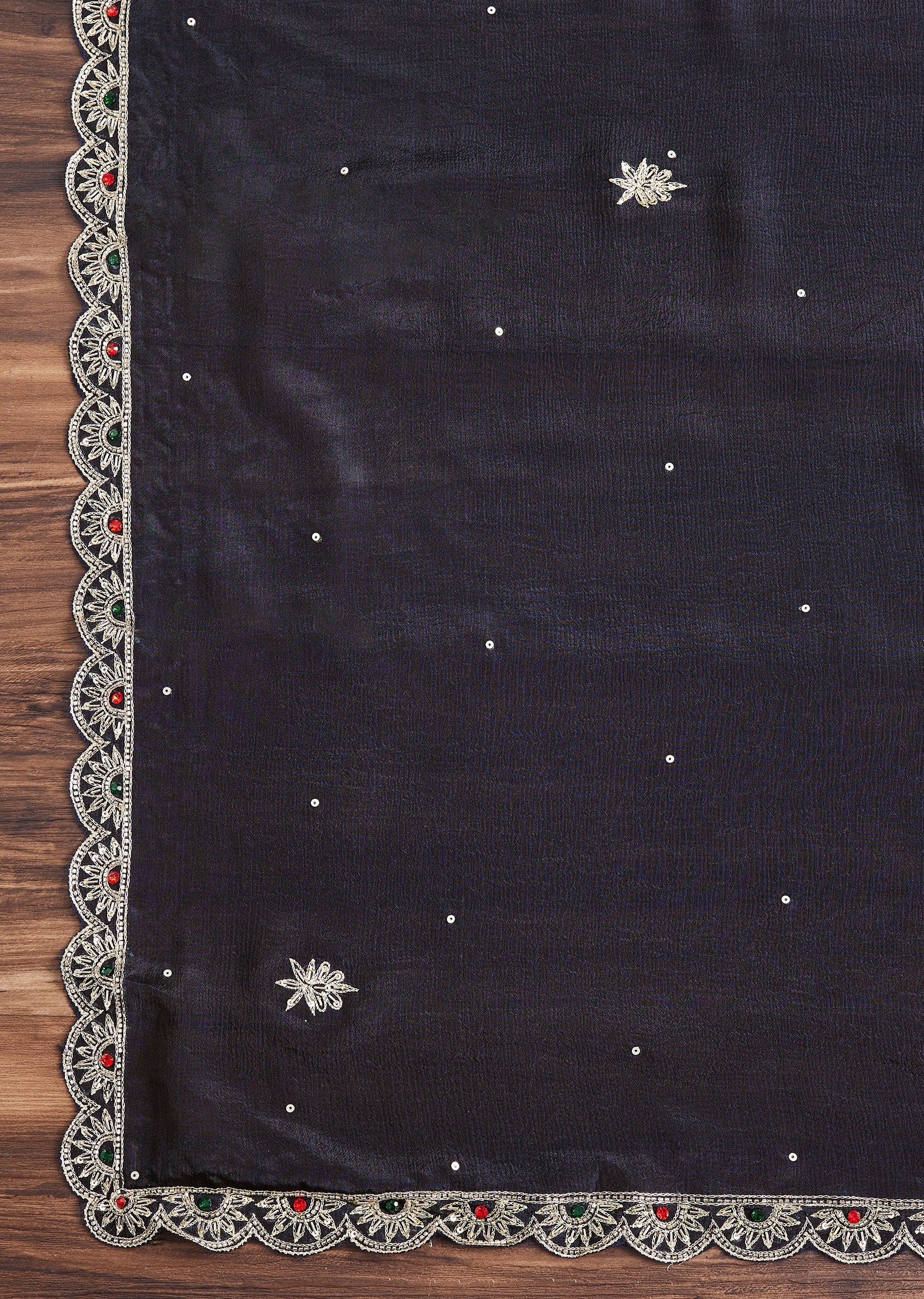 Navy Blue Satin Unstitched Suit With Dupatta - Image 4