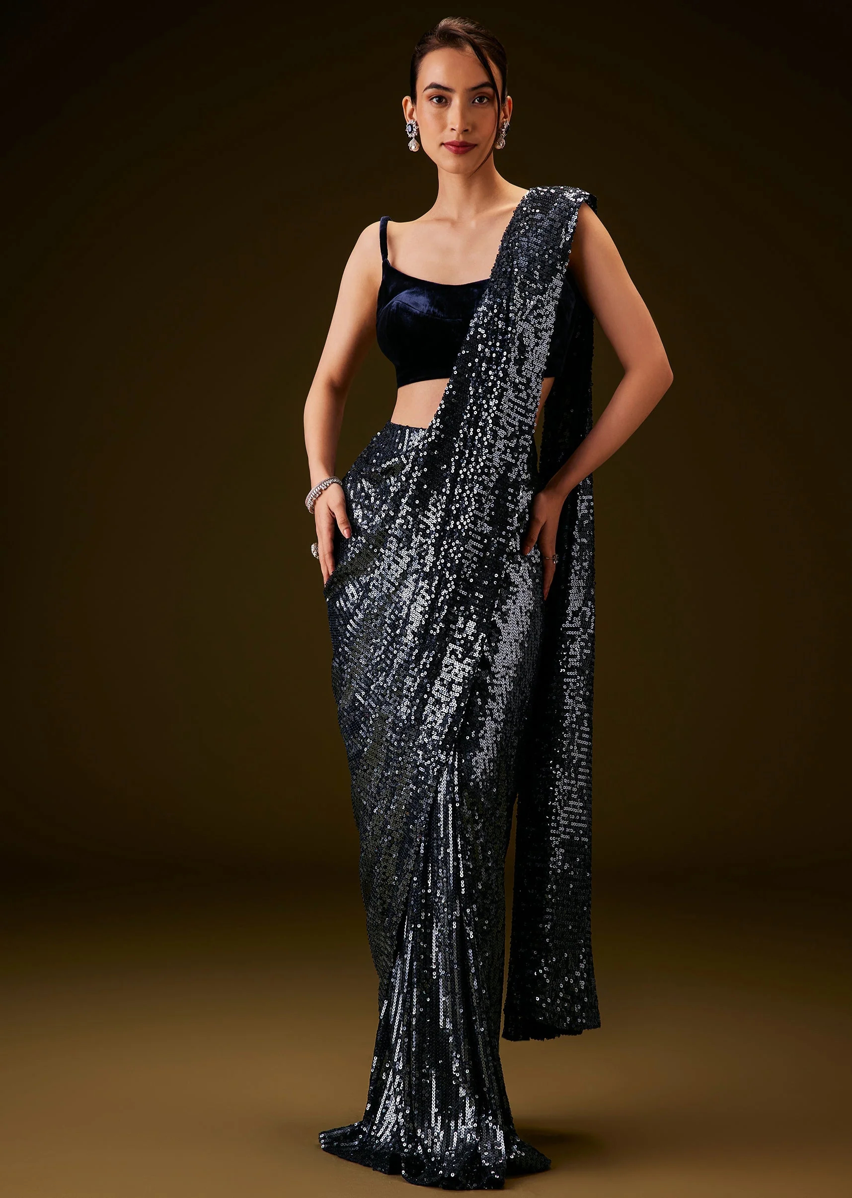 Navy Blue Sequin Velvet Saree - Image 3