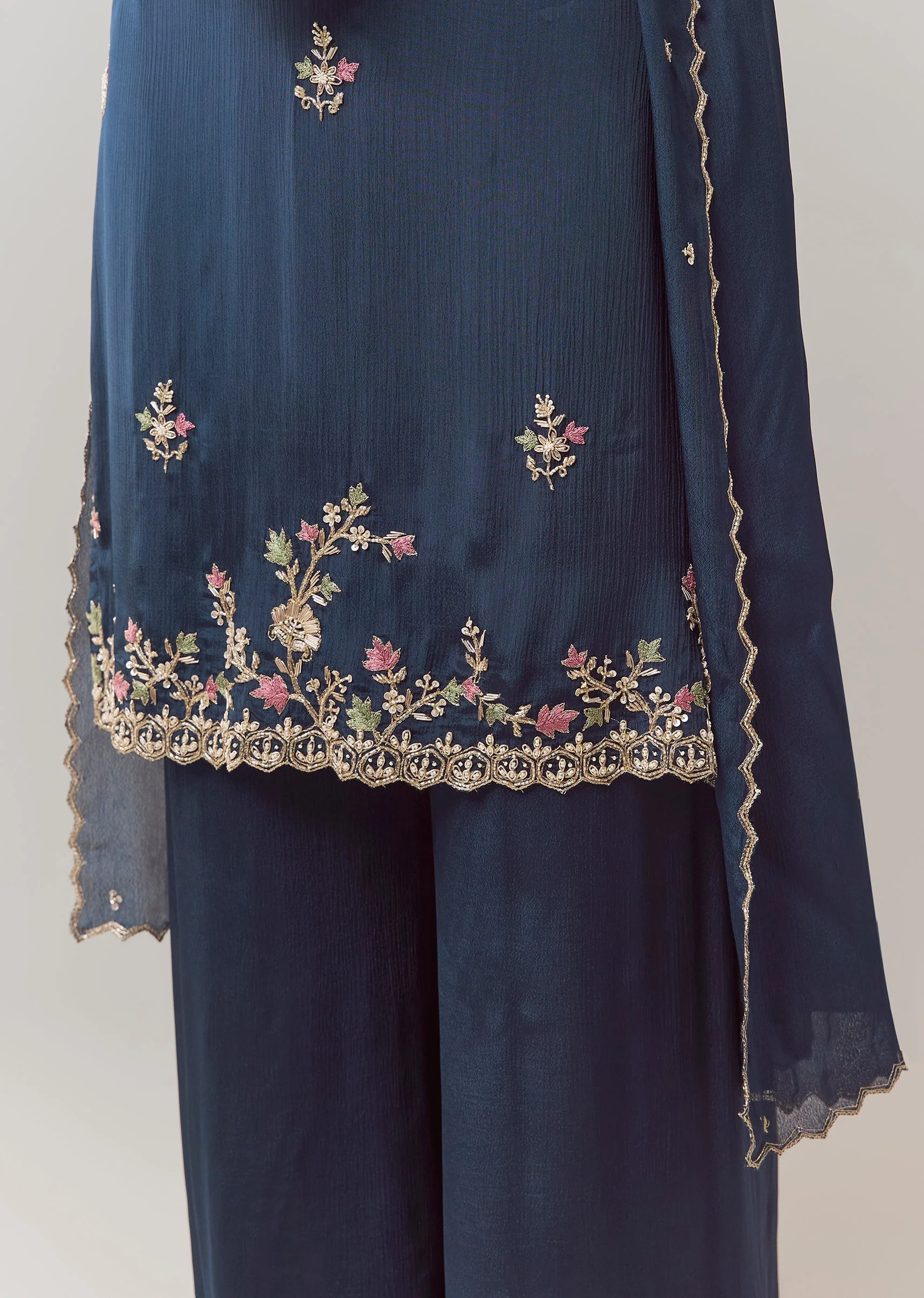 Navy Blue Sequin Work Chinon Kurta Palazzo Set - Image 2
