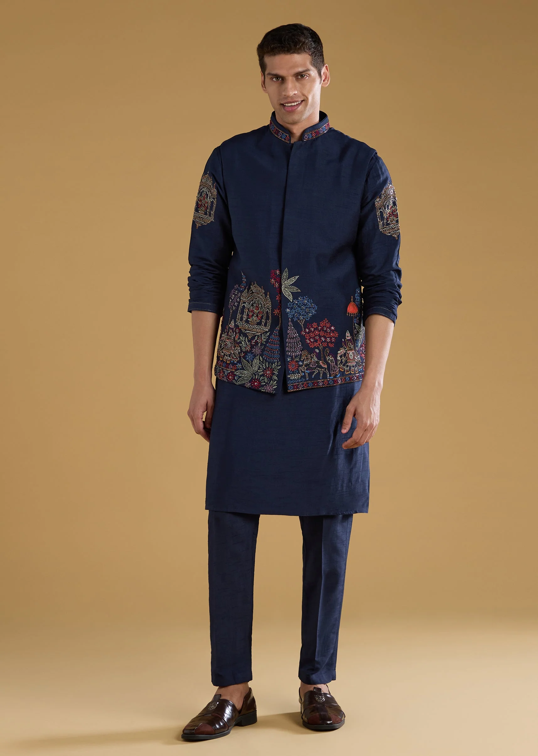 Navy Blue Silk Embellished Mens Jacket Kurta Set - Image 3
